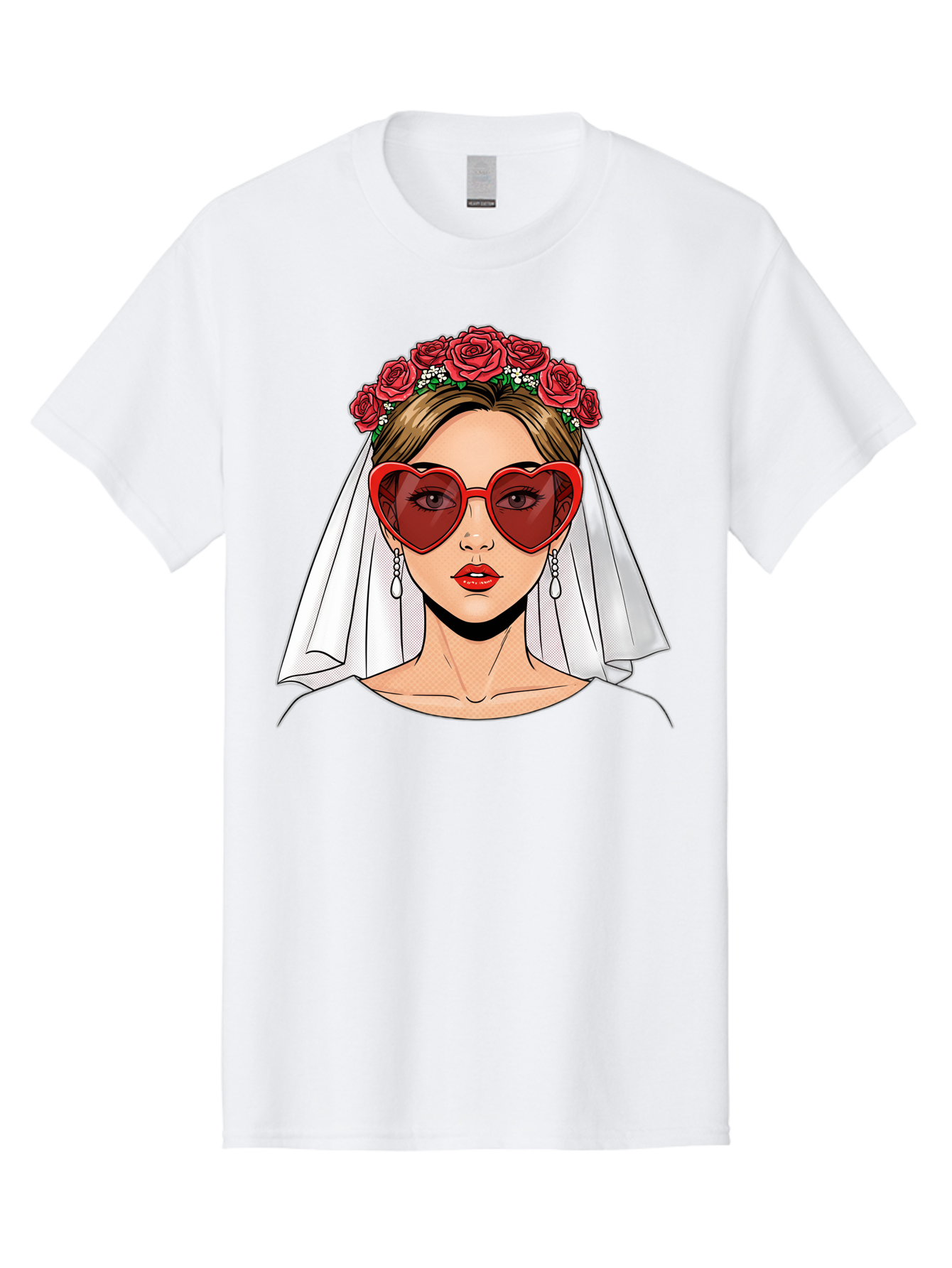 Bride-With-Heart-Shaped-Sunglasses Men'S Graphic Tee, 100% Cotton, Comfortable Casual Summer Wear, Machine Washable, Bride With Red Heart-Shaped Sunglasses, Floral Crown, White Veil, Earrings, Red Lipstick, Modern Wedding Fashion, Baa232
