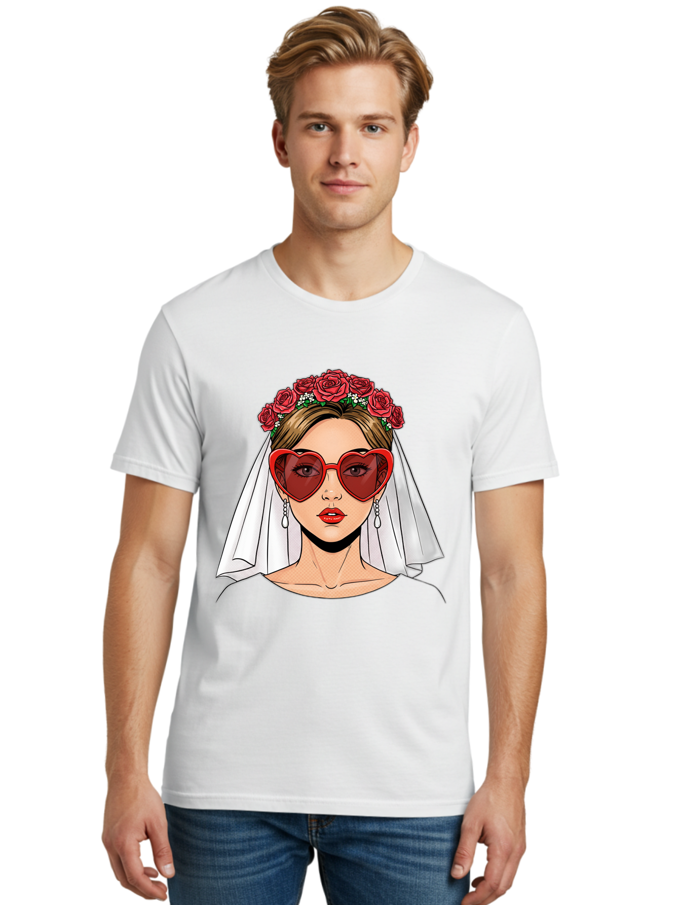 Bride-With-Heart-Shaped-Sunglasses Men'S Graphic Tee, 100% Cotton, Comfortable Casual Summer Wear, Machine Washable, Bride With Red Heart-Shaped Sunglasses, Floral Crown, White Veil, Earrings, Red Lipstick, Modern Wedding Fashion, Baa232