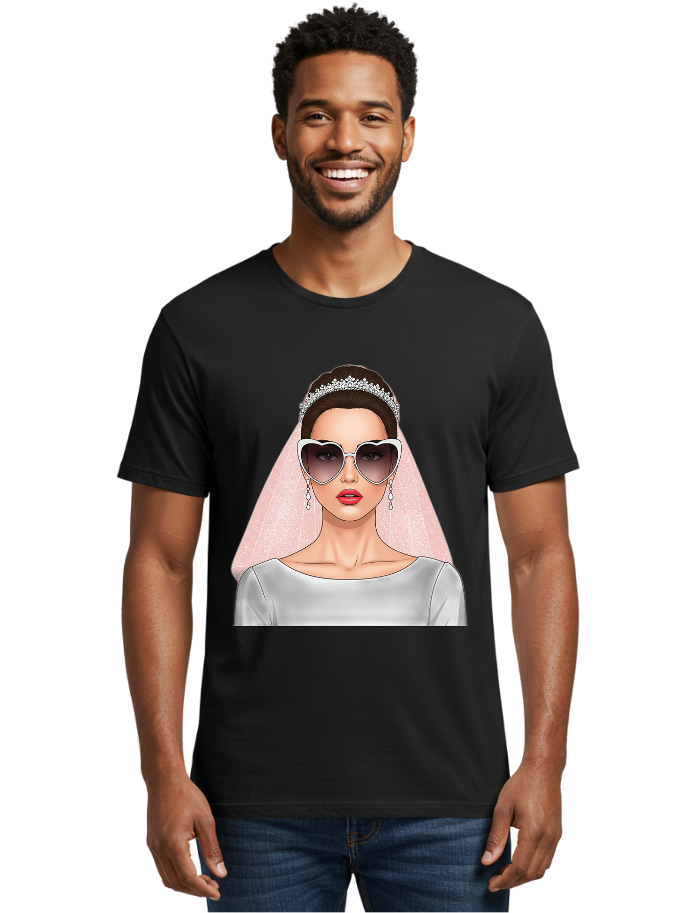 Bride-With-Sunglasses Men'S Graphic Tee, 100% Cotton, Comfortable Casual Summer Wear, Machine Washable, Bride In Sunglasses, Wedding Fashion, Stylish Wedding Attire, Heart-Shaped Sunglasses, Elegant Wedding Look, Trendy Bridal Style, Baa233