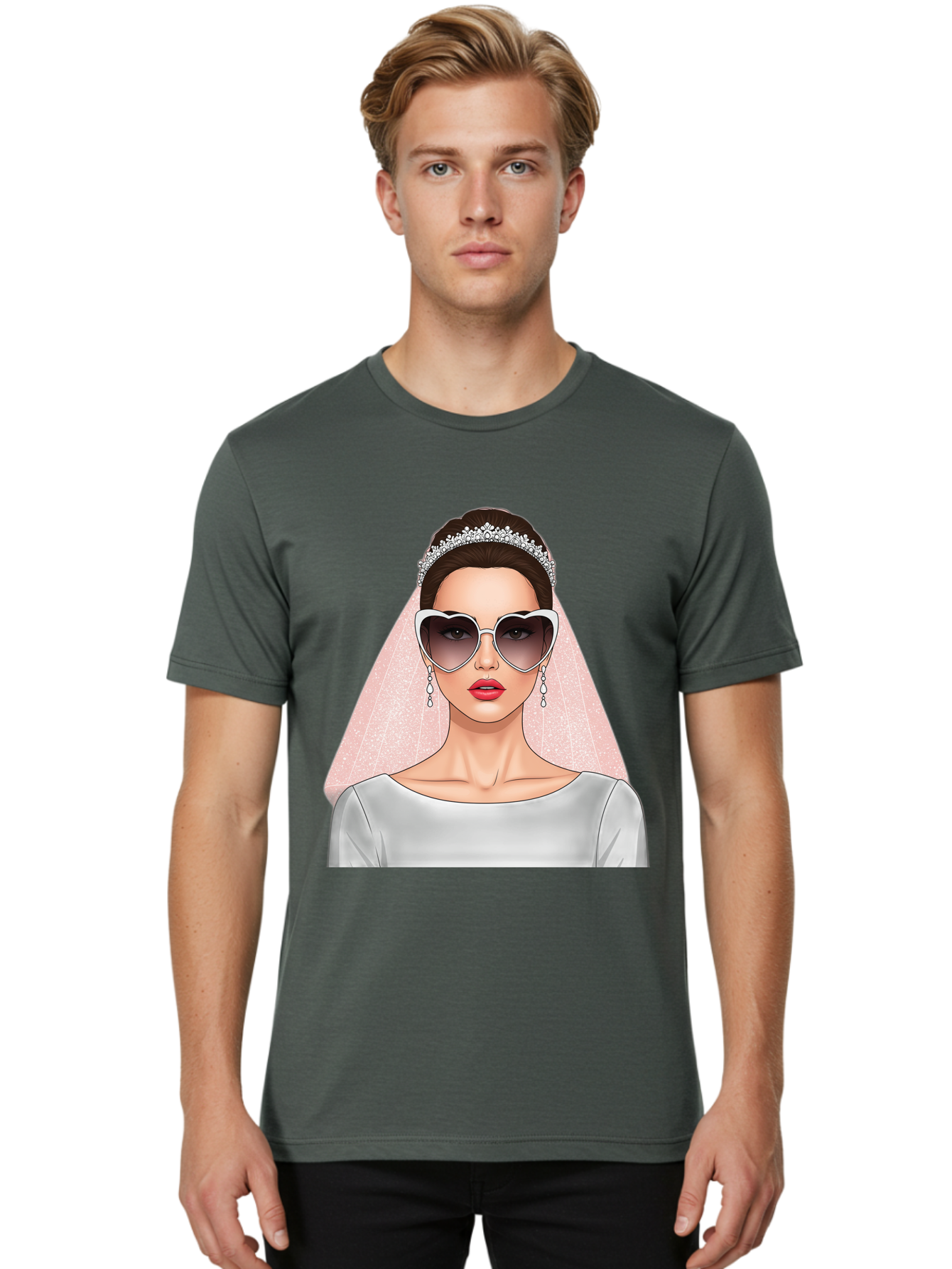Bride-With-Sunglasses Men'S Graphic Tee, 100% Cotton, Comfortable Casual Summer Wear, Machine Washable, Bride In Sunglasses, Wedding Fashion, Stylish Wedding Attire, Heart-Shaped Sunglasses, Elegant Wedding Look, Trendy Bridal Style, Baa233