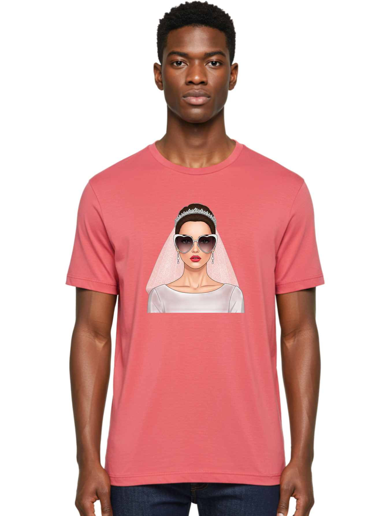 Bride-With-Sunglasses Men'S Graphic Tee, 100% Cotton, Comfortable Casual Summer Wear, Machine Washable, Bride In Sunglasses, Wedding Fashion, Stylish Wedding Attire, Heart-Shaped Sunglasses, Elegant Wedding Look, Trendy Bridal Style, Baa233