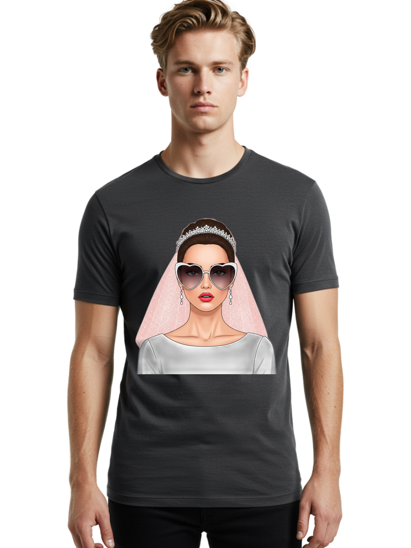 Bride-With-Sunglasses Men'S Graphic Tee, 100% Cotton, Comfortable Casual Summer Wear, Machine Washable, Bride In Sunglasses, Wedding Fashion, Stylish Wedding Attire, Heart-Shaped Sunglasses, Elegant Wedding Look, Trendy Bridal Style, Baa233
