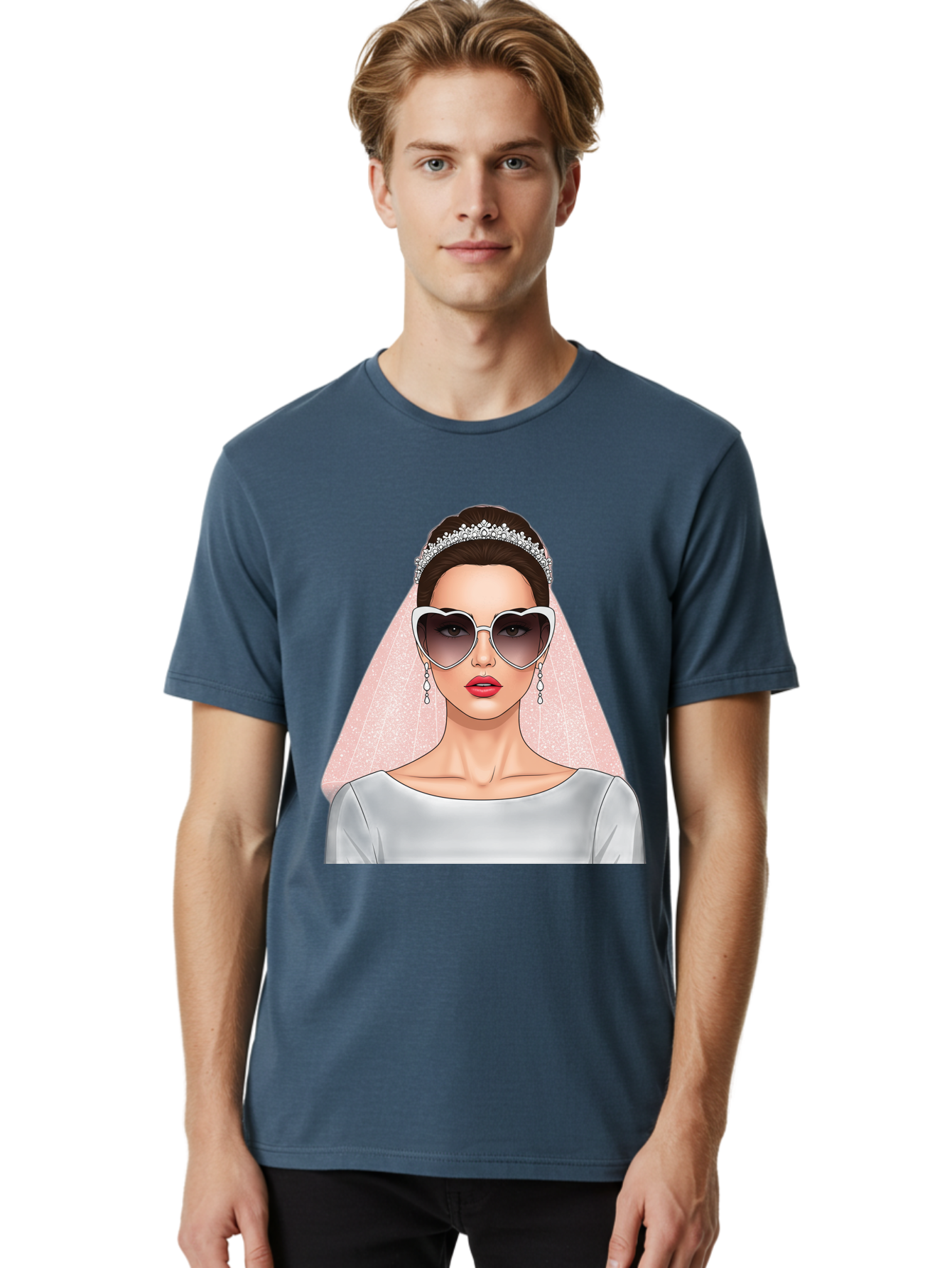 Bride-With-Sunglasses Men'S Graphic Tee, 100% Cotton, Comfortable Casual Summer Wear, Machine Washable, Bride In Sunglasses, Wedding Fashion, Stylish Wedding Attire, Heart-Shaped Sunglasses, Elegant Wedding Look, Trendy Bridal Style, Baa233
