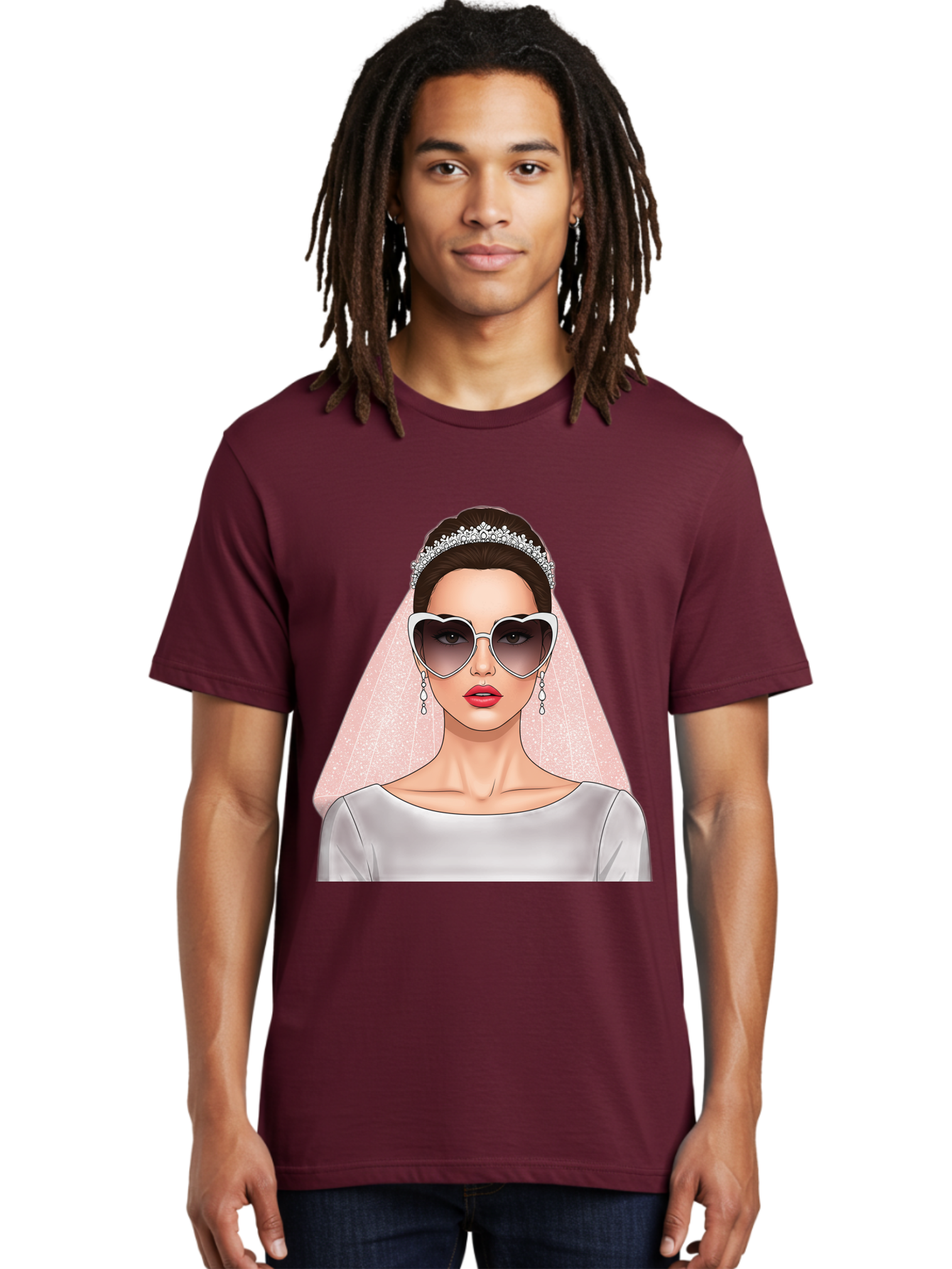 Bride-With-Sunglasses Men'S Graphic Tee, 100% Cotton, Comfortable Casual Summer Wear, Machine Washable, Bride In Sunglasses, Wedding Fashion, Stylish Wedding Attire, Heart-Shaped Sunglasses, Elegant Wedding Look, Trendy Bridal Style, Baa233
