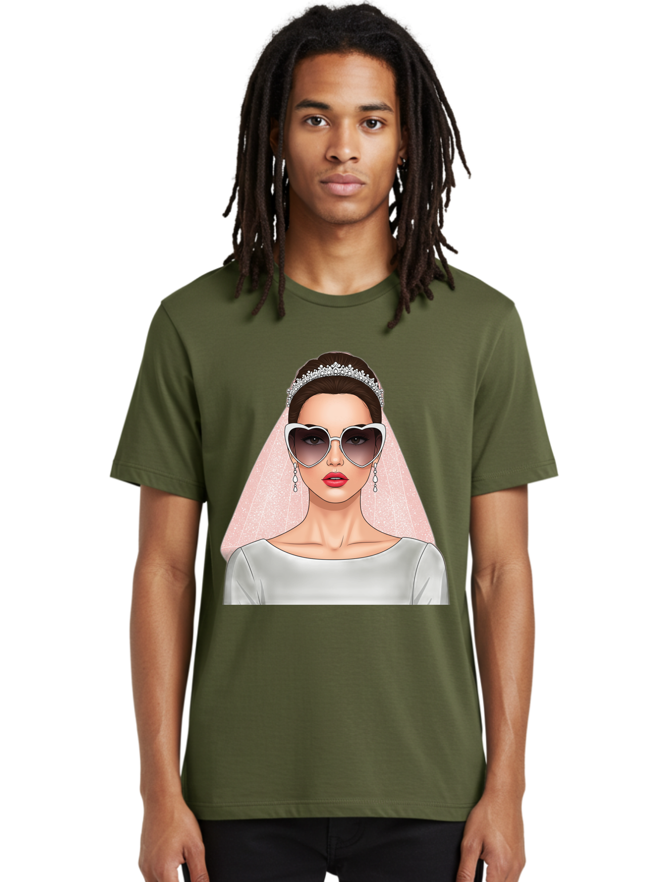 Bride-With-Sunglasses Men'S Graphic Tee, 100% Cotton, Comfortable Casual Summer Wear, Machine Washable, Bride In Sunglasses, Wedding Fashion, Stylish Wedding Attire, Heart-Shaped Sunglasses, Elegant Wedding Look, Trendy Bridal Style, Baa233