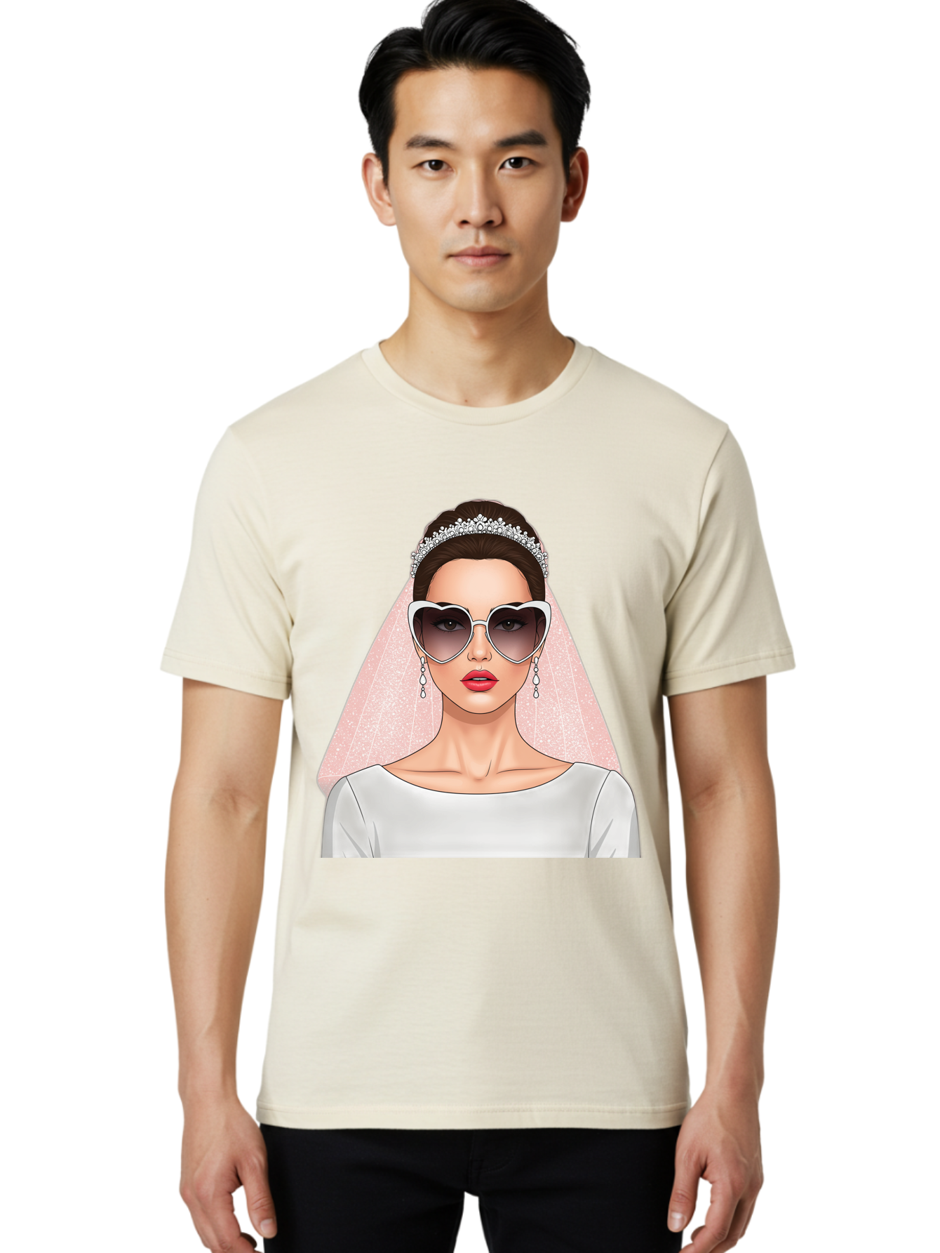 Bride-With-Sunglasses Men'S Graphic Tee, 100% Cotton, Comfortable Casual Summer Wear, Machine Washable, Bride In Sunglasses, Wedding Fashion, Stylish Wedding Attire, Heart-Shaped Sunglasses, Elegant Wedding Look, Trendy Bridal Style, Baa233