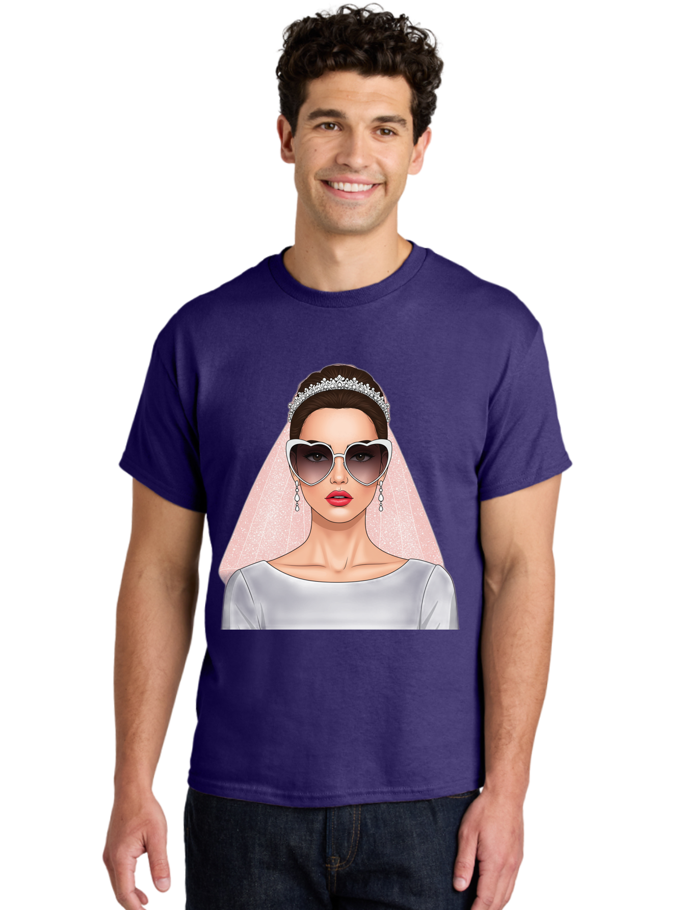 Bride-With-Sunglasses Men'S Graphic Tee, 100% Cotton, Comfortable Casual Summer Wear, Machine Washable, Bride In Sunglasses, Wedding Fashion, Stylish Wedding Attire, Heart-Shaped Sunglasses, Elegant Wedding Look, Trendy Bridal Style, Baa233