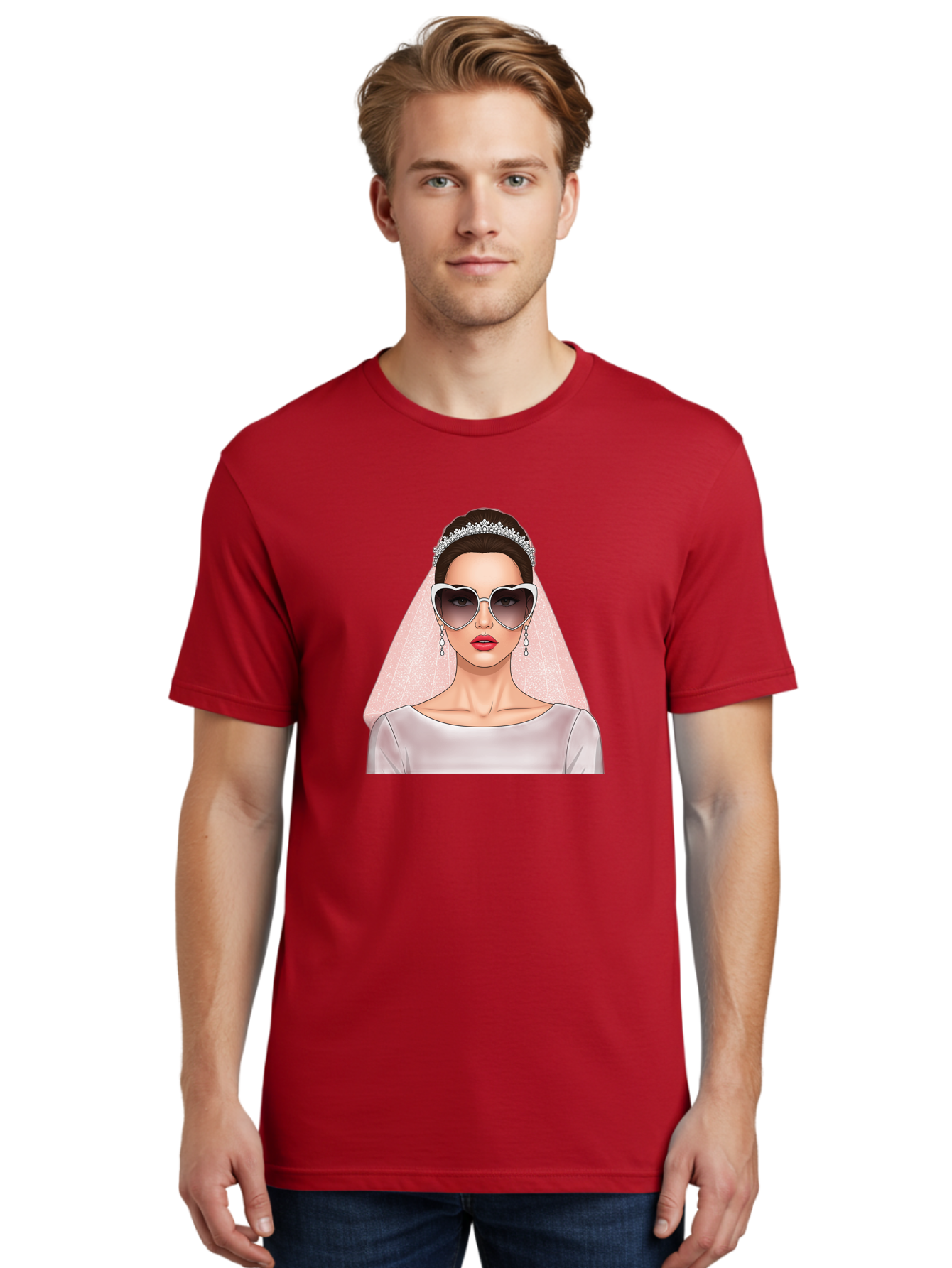 Bride-With-Sunglasses Men'S Graphic Tee, 100% Cotton, Comfortable Casual Summer Wear, Machine Washable, Bride In Sunglasses, Wedding Fashion, Stylish Wedding Attire, Heart-Shaped Sunglasses, Elegant Wedding Look, Trendy Bridal Style, Baa233