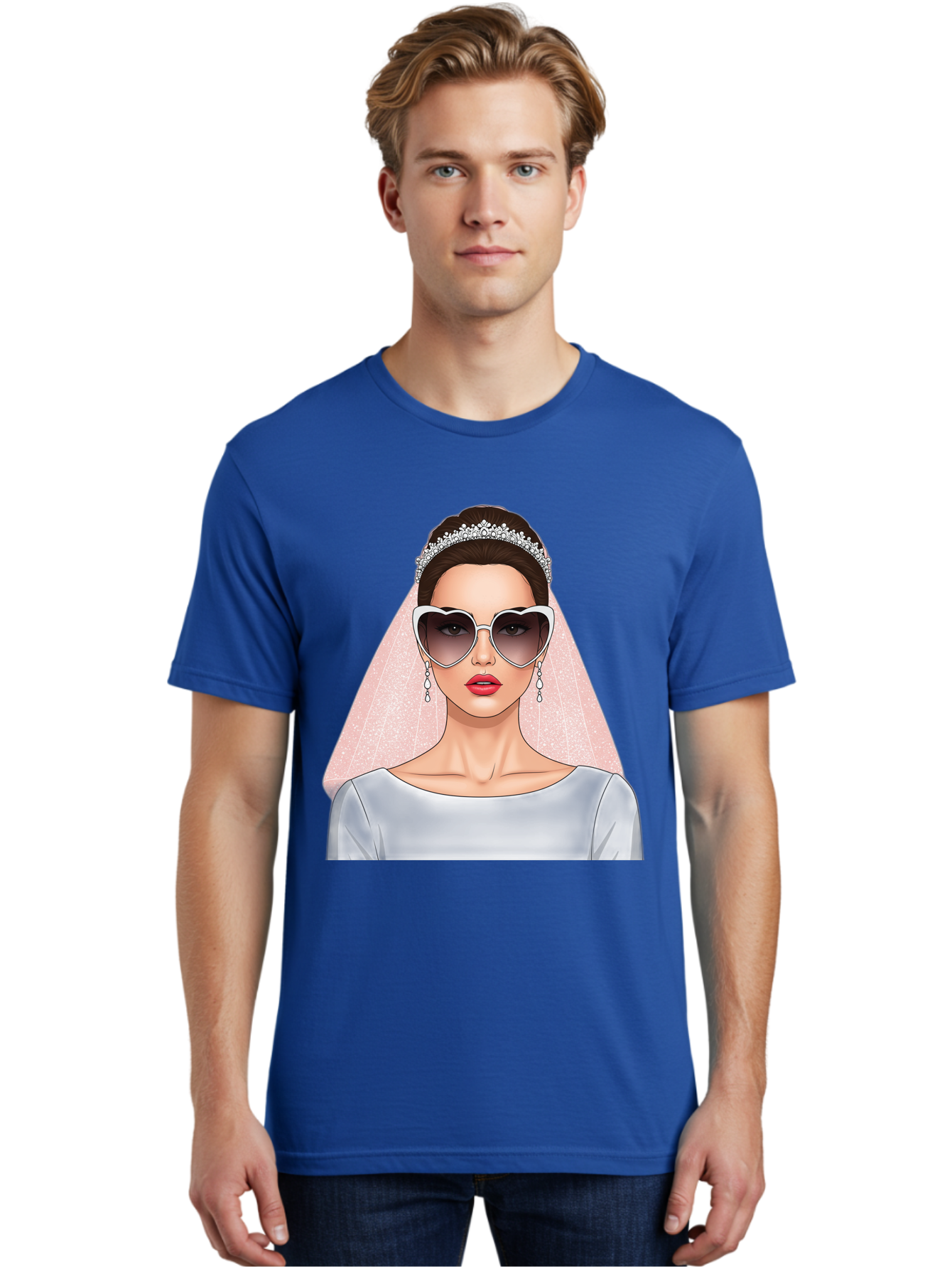 Bride-With-Sunglasses Men'S Graphic Tee, 100% Cotton, Comfortable Casual Summer Wear, Machine Washable, Bride In Sunglasses, Wedding Fashion, Stylish Wedding Attire, Heart-Shaped Sunglasses, Elegant Wedding Look, Trendy Bridal Style, Baa233