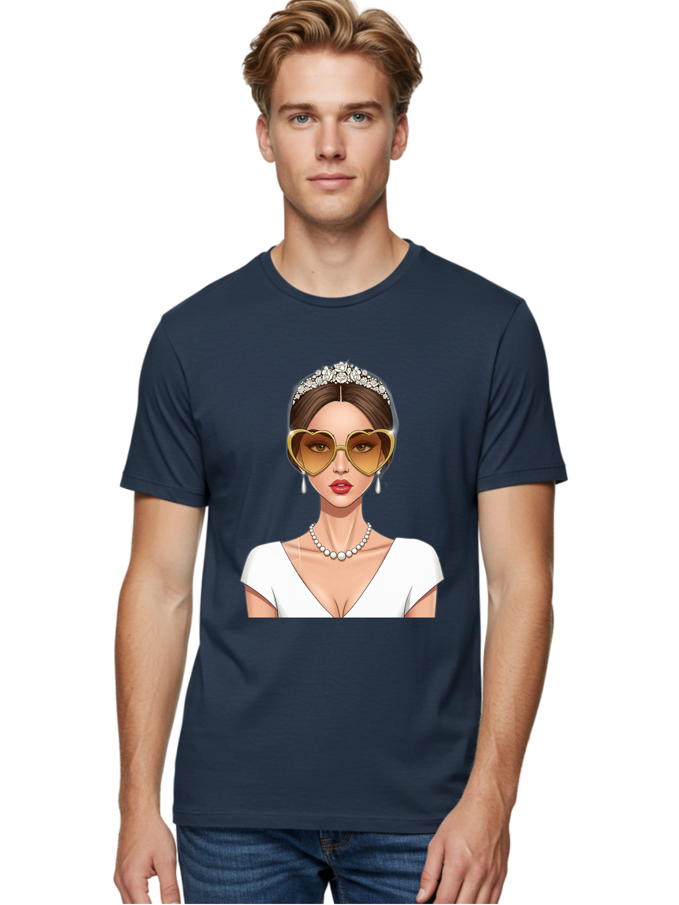 Bride Men'S Graphic Tee, 100% Cotton, Comfortable Casual Summer Wear, Machine Washable, Bride Avatar, White Wedding Dress, Heart-Shaped Sunglasses, Pearl Necklace, Elegant Attire, Glamorous Accessories, Fashionable Design, Luxury Style, Baa234