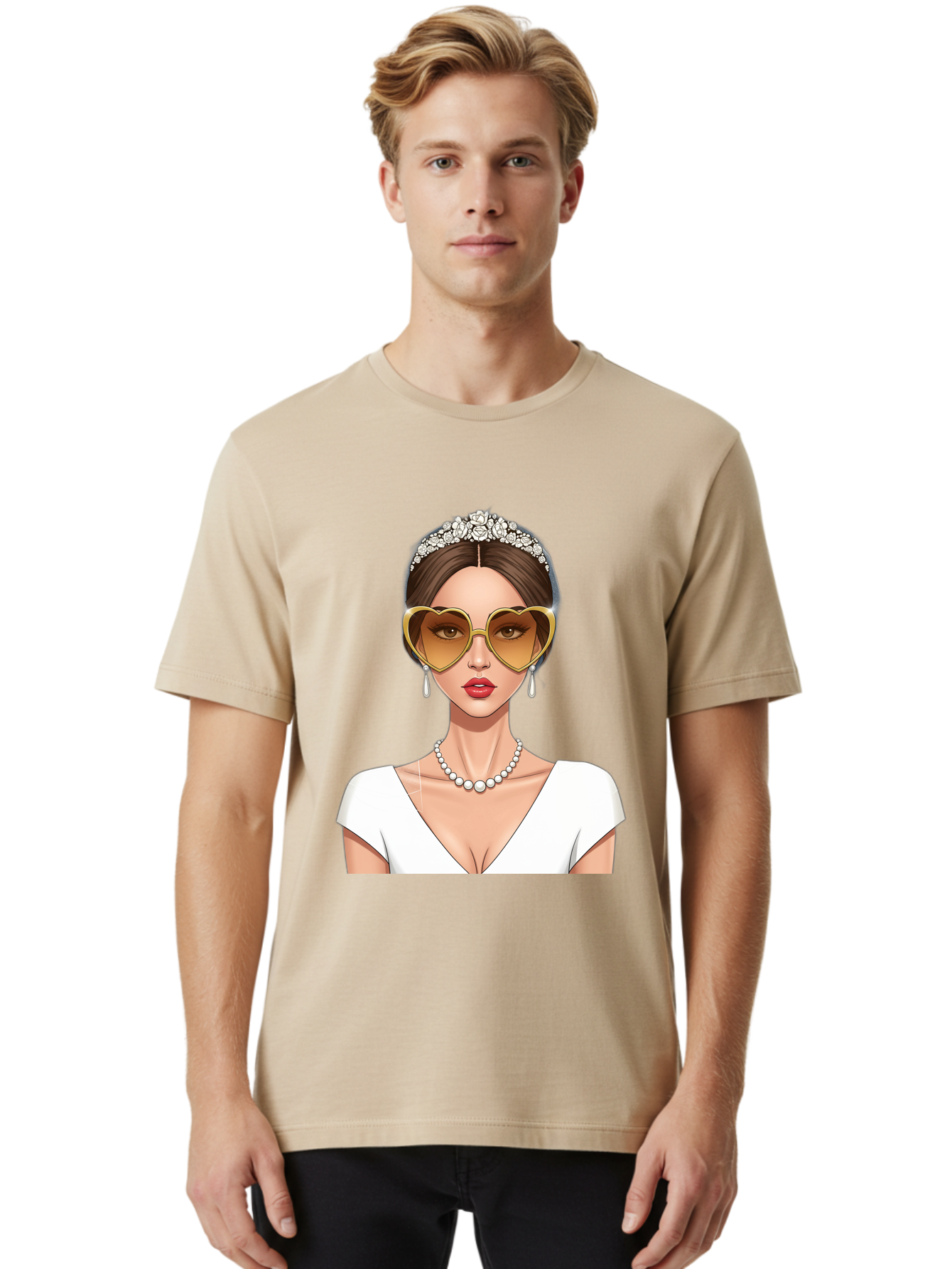Bride Men'S Graphic Tee, 100% Cotton, Comfortable Casual Summer Wear, Machine Washable, Bride Avatar, White Wedding Dress, Heart-Shaped Sunglasses, Pearl Necklace, Elegant Attire, Glamorous Accessories, Fashionable Design, Luxury Style, Baa234