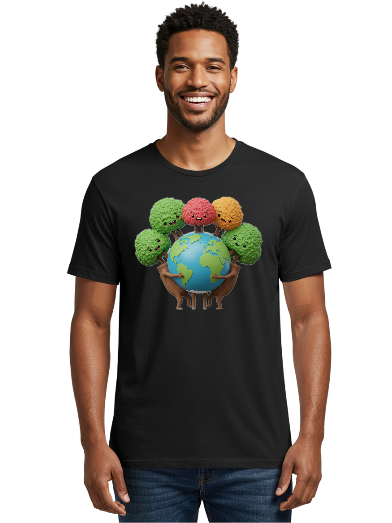 Broccoli-Earth Men'S Graphic Tee, 100% Cotton, Comfortable Casual Summer Wear, Machine Washable, Broccoli Characters, Diverse Vegetables, Happy Faces, Global Unity, Earth Support, Environmental Care, Cartoon Style, Green Earth, Varied Colors Baa235