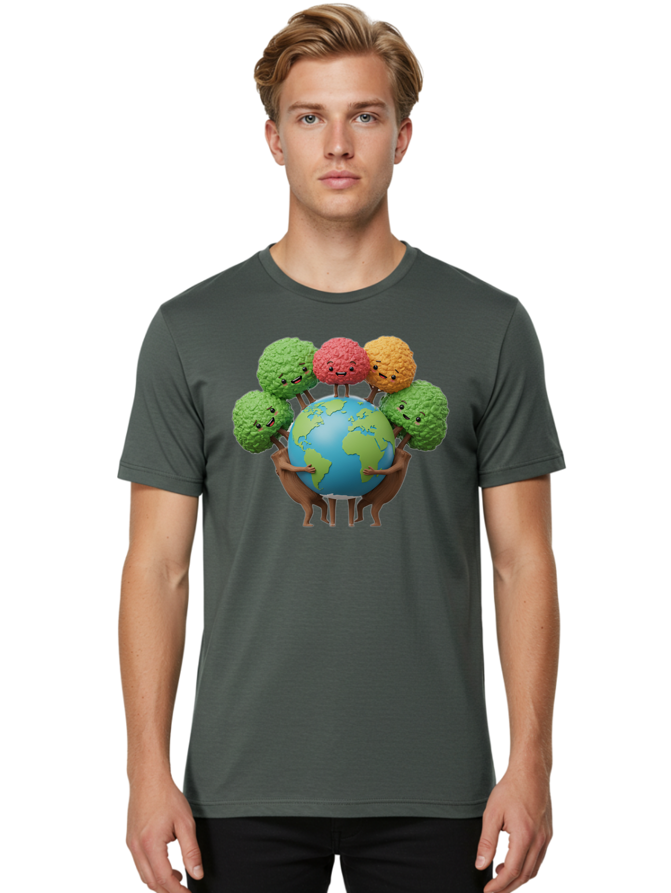 Broccoli-Earth Men'S Graphic Tee, 100% Cotton, Comfortable Casual Summer Wear, Machine Washable, Broccoli Characters, Diverse Vegetables, Happy Faces, Global Unity, Earth Support, Environmental Care, Cartoon Style, Green Earth, Varied Colors Baa235