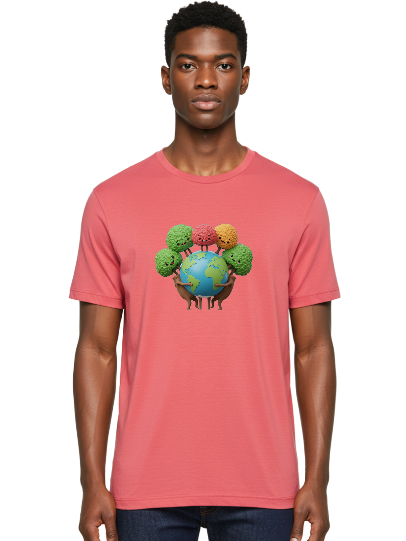 Broccoli-Earth Men'S Graphic Tee, 100% Cotton, Comfortable Casual Summer Wear, Machine Washable, Broccoli Characters, Diverse Vegetables, Happy Faces, Global Unity, Earth Support, Environmental Care, Cartoon Style, Green Earth, Varied Colors Baa235
