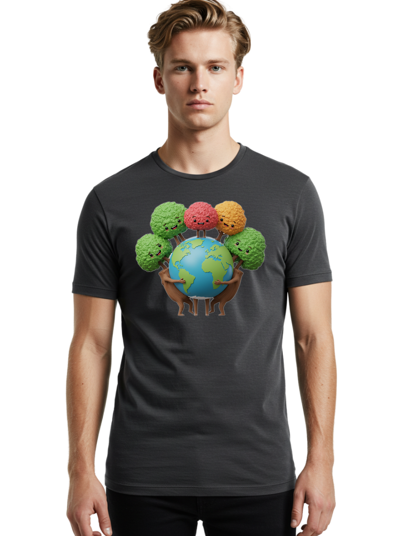 Broccoli-Earth Men'S Graphic Tee, 100% Cotton, Comfortable Casual Summer Wear, Machine Washable, Broccoli Characters, Diverse Vegetables, Happy Faces, Global Unity, Earth Support, Environmental Care, Cartoon Style, Green Earth, Varied Colors Baa235