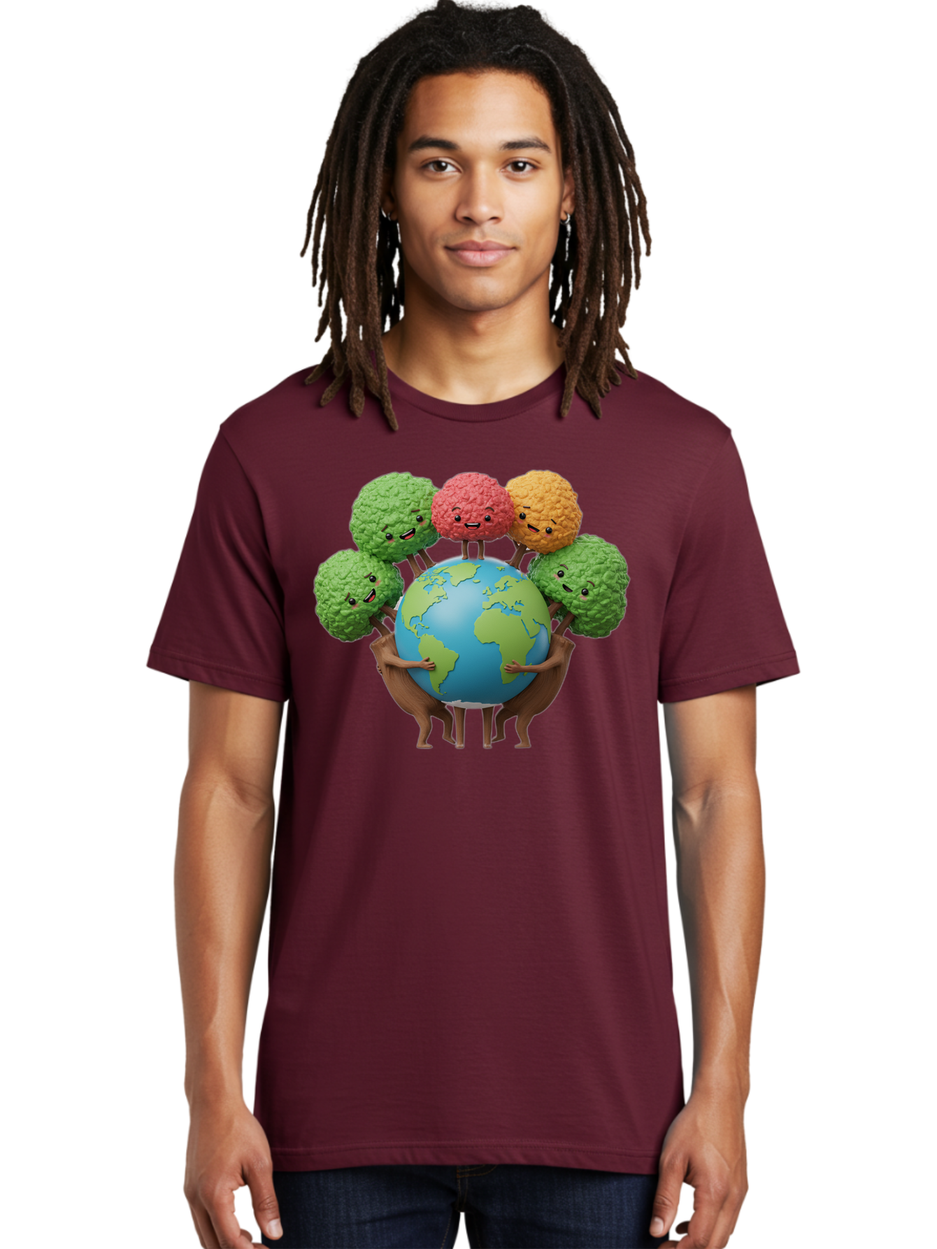 Broccoli-Earth Men'S Graphic Tee, 100% Cotton, Comfortable Casual Summer Wear, Machine Washable, Broccoli Characters, Diverse Vegetables, Happy Faces, Global Unity, Earth Support, Environmental Care, Cartoon Style, Green Earth, Varied Colors Baa235