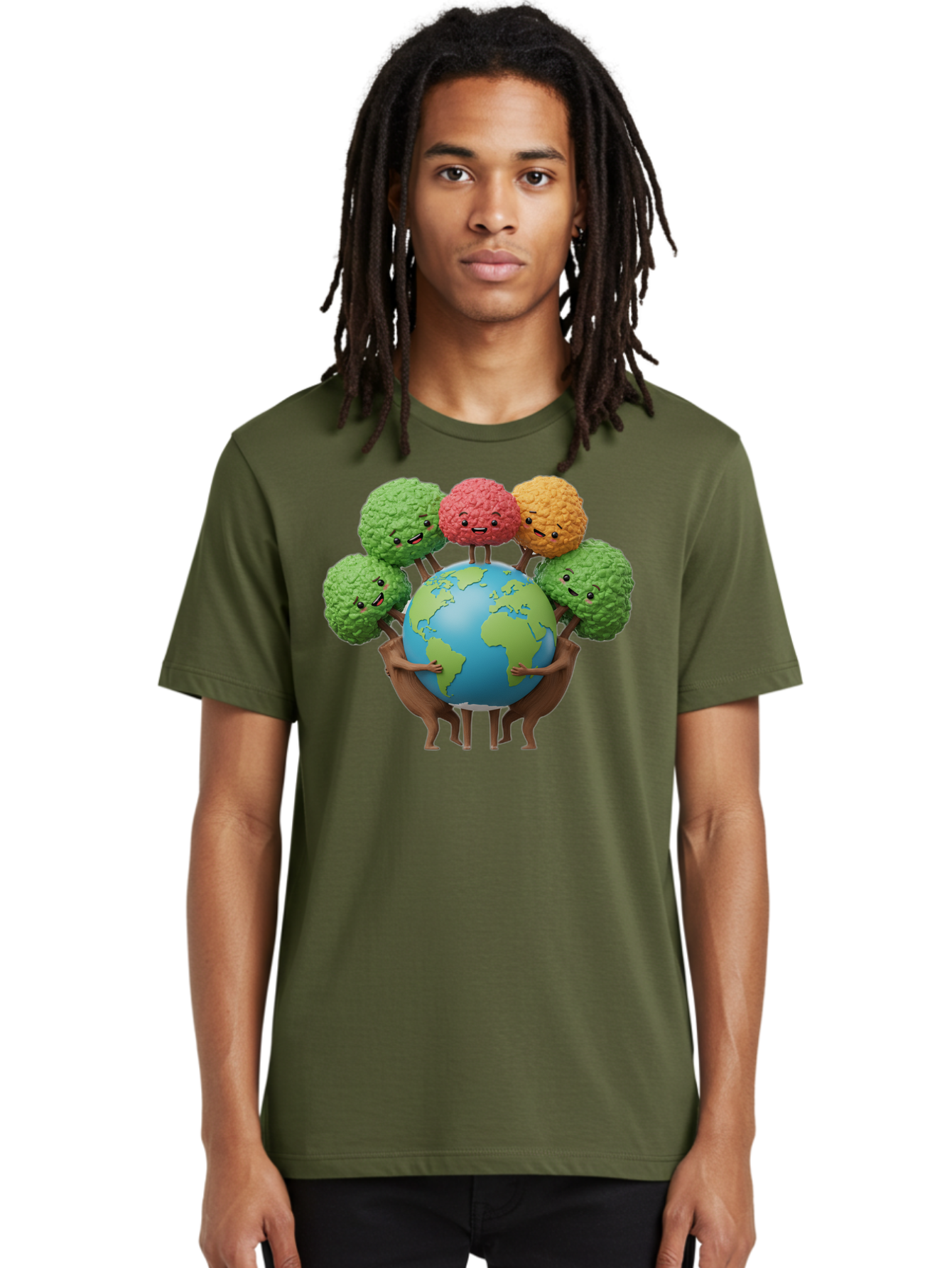 Broccoli-Earth Men'S Graphic Tee, 100% Cotton, Comfortable Casual Summer Wear, Machine Washable, Broccoli Characters, Diverse Vegetables, Happy Faces, Global Unity, Earth Support, Environmental Care, Cartoon Style, Green Earth, Varied Colors Baa235