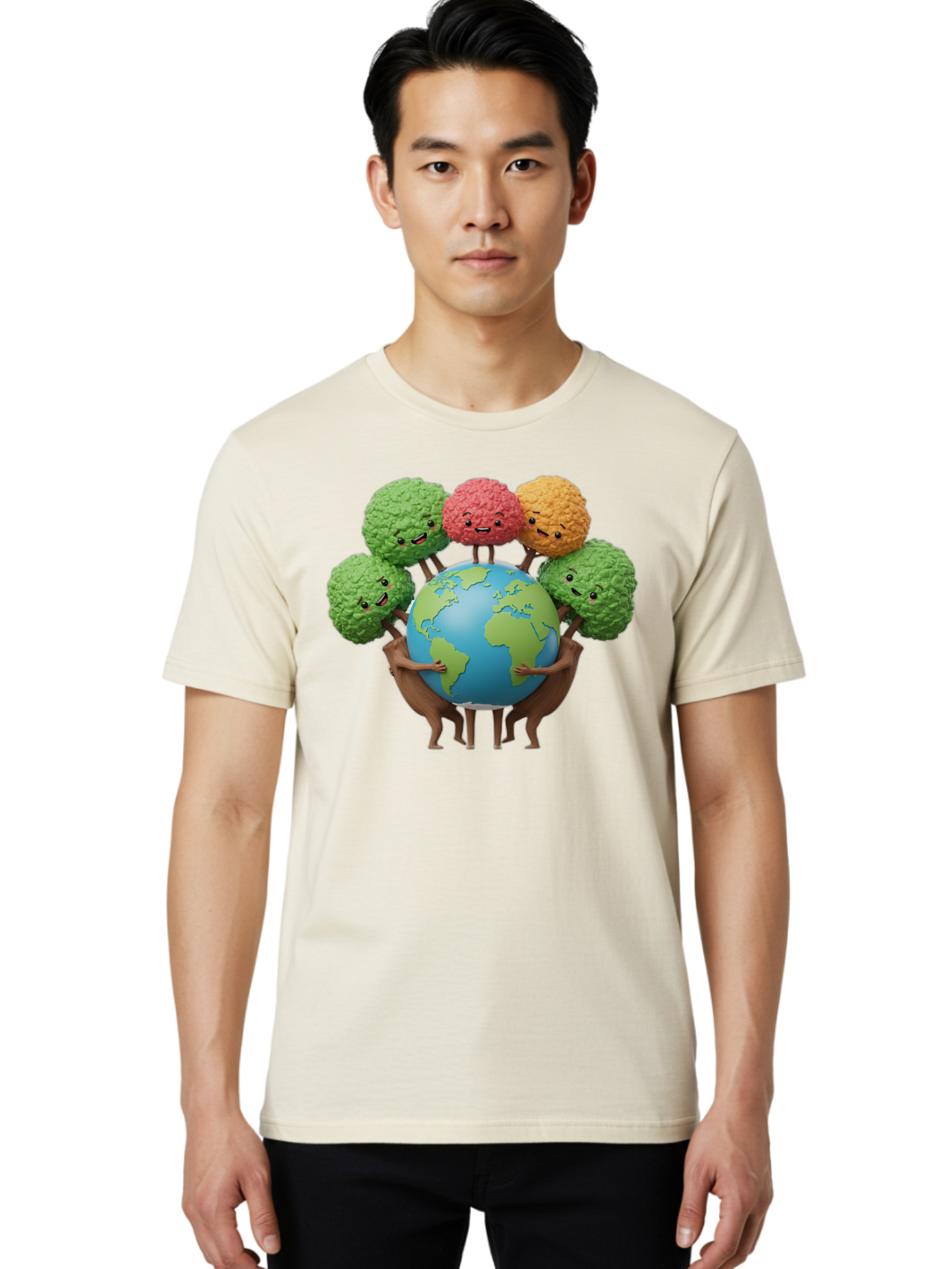 Broccoli-Earth Men'S Graphic Tee, 100% Cotton, Comfortable Casual Summer Wear, Machine Washable, Broccoli Characters, Diverse Vegetables, Happy Faces, Global Unity, Earth Support, Environmental Care, Cartoon Style, Green Earth, Varied Colors Baa235