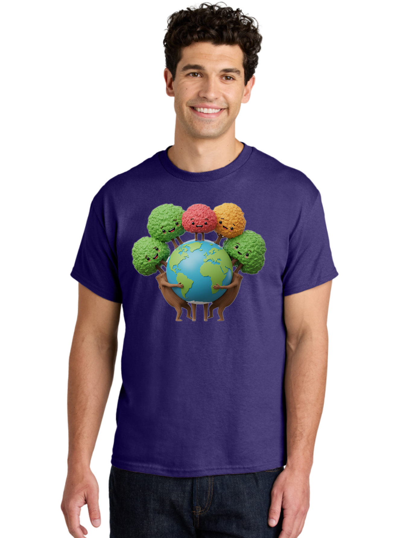 Broccoli-Earth Men'S Graphic Tee, 100% Cotton, Comfortable Casual Summer Wear, Machine Washable, Broccoli Characters, Diverse Vegetables, Happy Faces, Global Unity, Earth Support, Environmental Care, Cartoon Style, Green Earth, Varied Colors Baa235