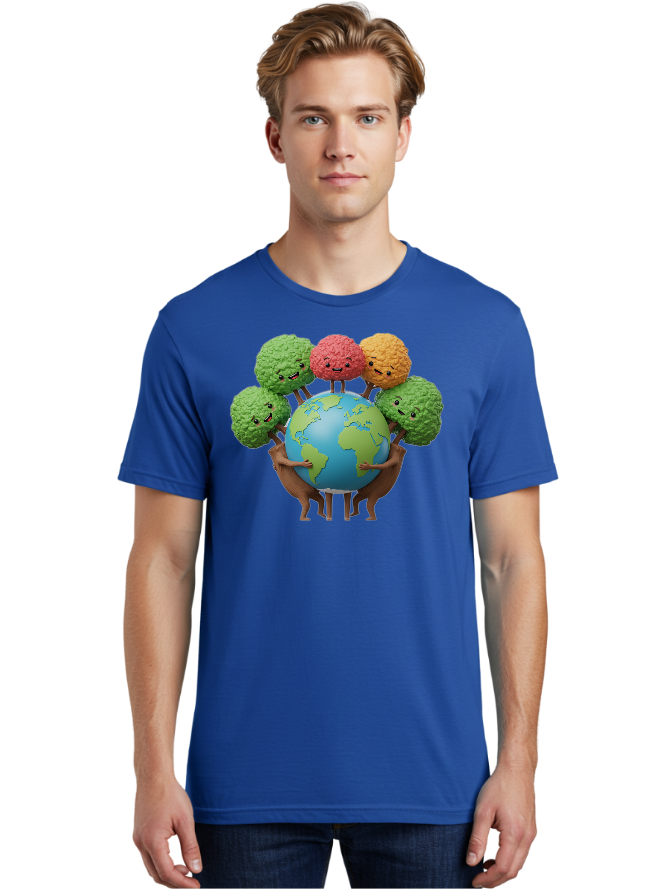 Broccoli-Earth Men'S Graphic Tee, 100% Cotton, Comfortable Casual Summer Wear, Machine Washable, Broccoli Characters, Diverse Vegetables, Happy Faces, Global Unity, Earth Support, Environmental Care, Cartoon Style, Green Earth, Varied Colors Baa235