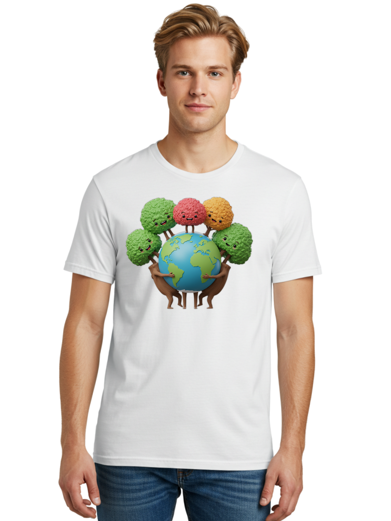 Broccoli-Earth Men'S Graphic Tee, 100% Cotton, Comfortable Casual Summer Wear, Machine Washable, Broccoli Characters, Diverse Vegetables, Happy Faces, Global Unity, Earth Support, Environmental Care, Cartoon Style, Green Earth, Varied Colors Baa235
