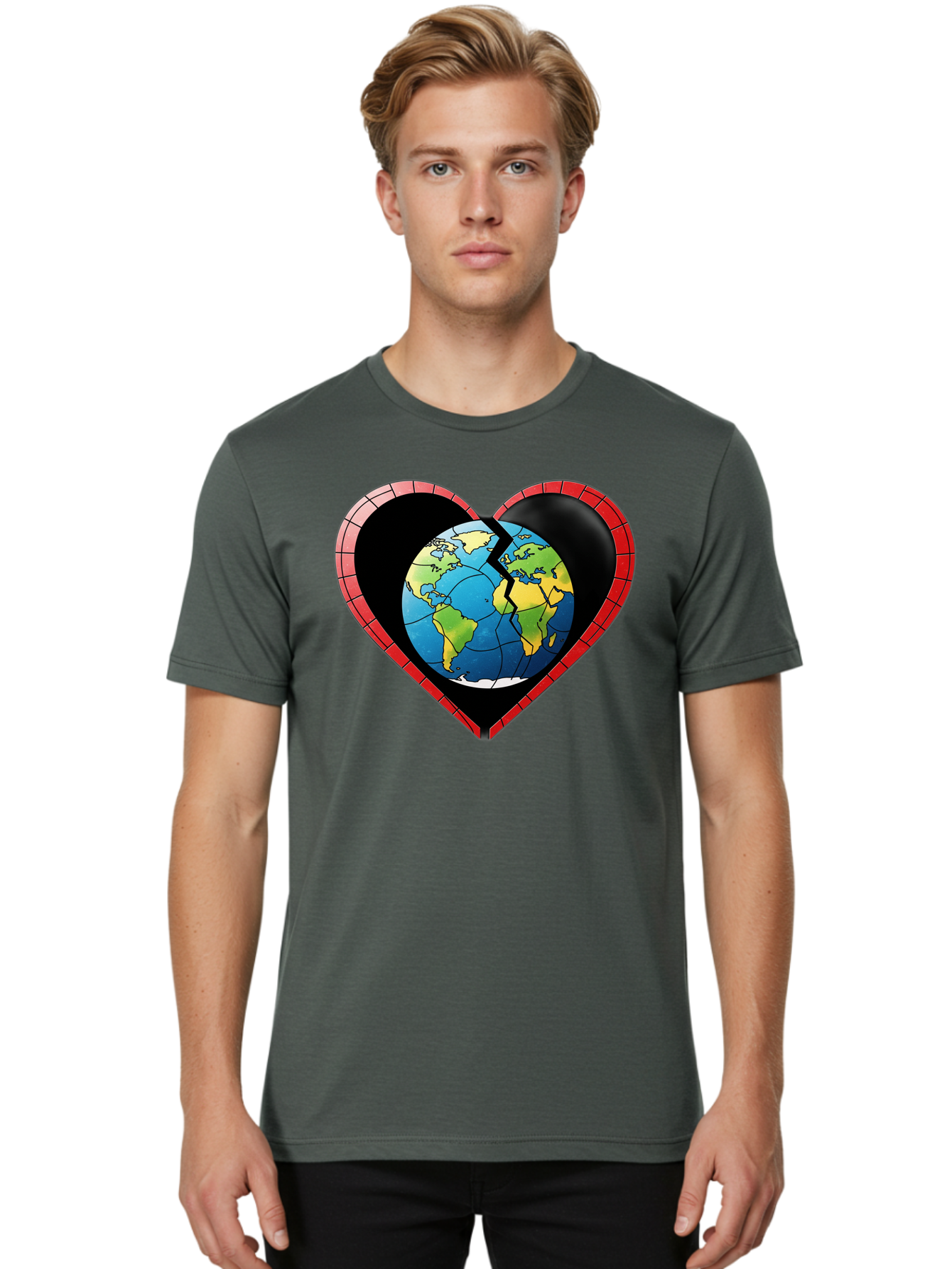 Broken-Heart-Earth Men'S Graphic Tee, 100% Cotton, Comfortable Casual Summer Wear, Machine Washable, Heart-Shaped Earth, Broken Earth, Fractured Globe, Cracked Heart, World Map, Earth Love, Environmental Concern, Global Unity Baa237