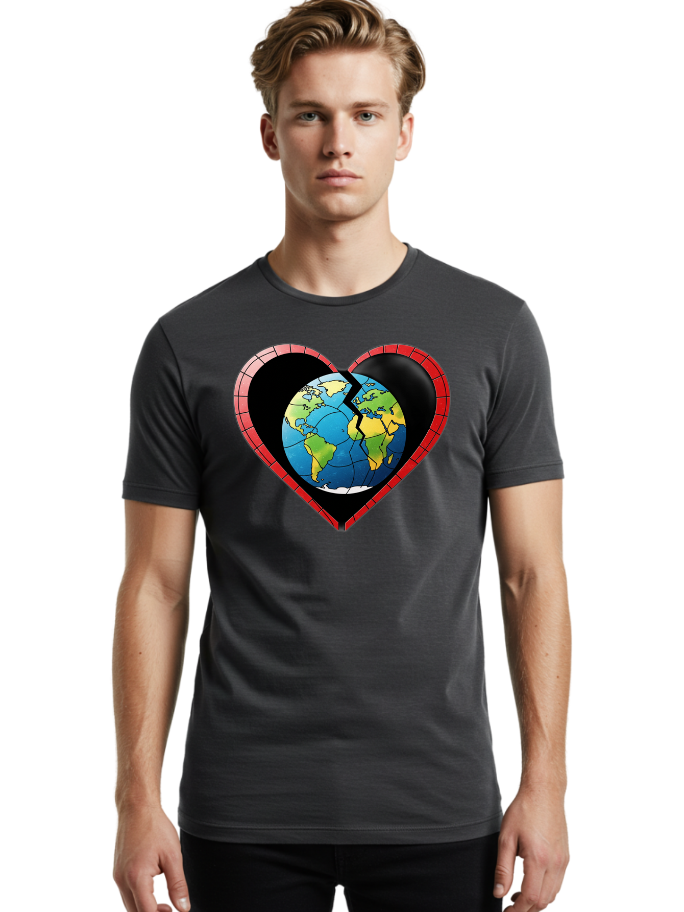 Broken-Heart-Earth Men'S Graphic Tee, 100% Cotton, Comfortable Casual Summer Wear, Machine Washable, Heart-Shaped Earth, Broken Earth, Fractured Globe, Cracked Heart, World Map, Earth Love, Environmental Concern, Global Unity Baa237