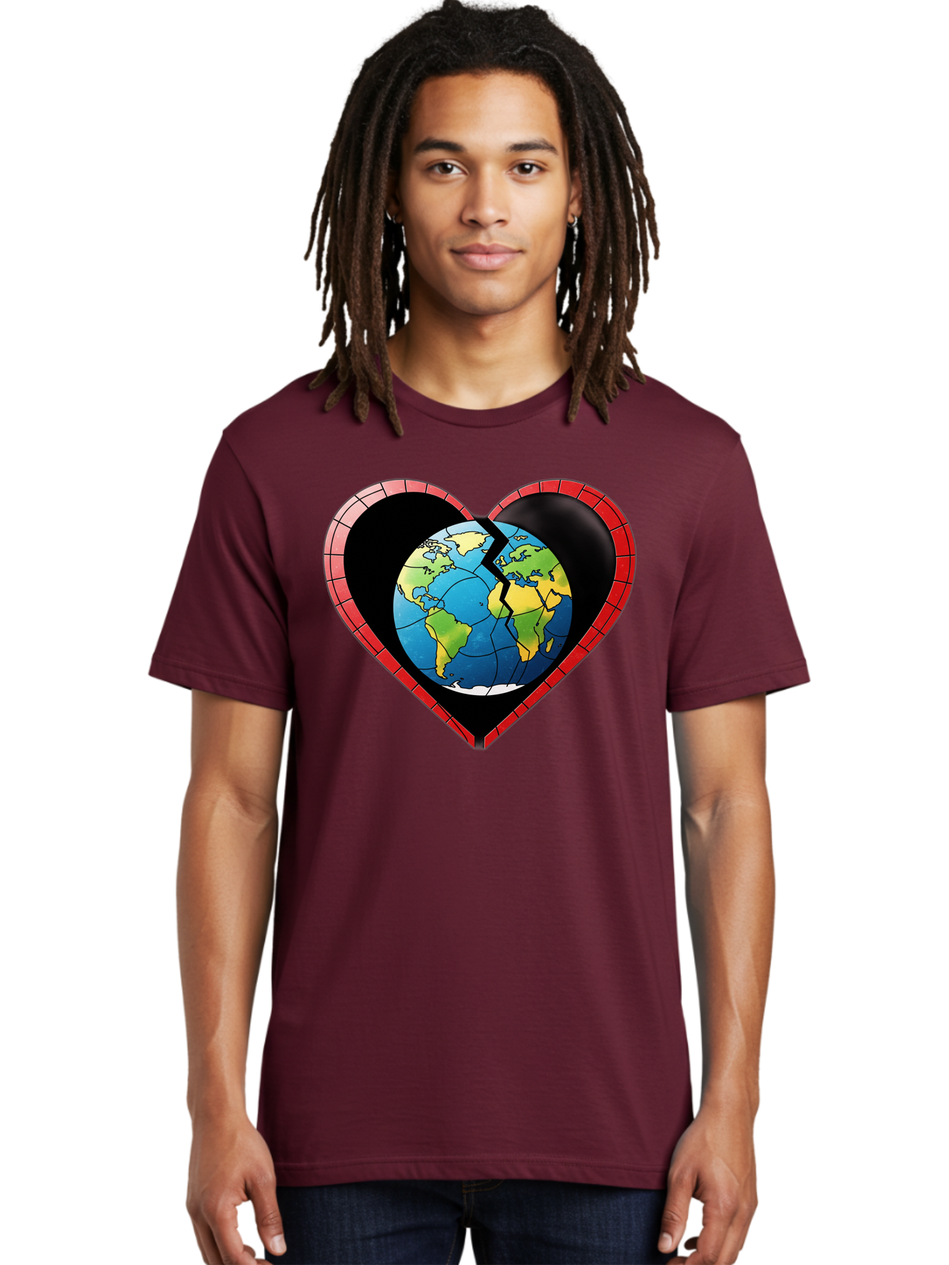 Broken-Heart-Earth Men'S Graphic Tee, 100% Cotton, Comfortable Casual Summer Wear, Machine Washable, Heart-Shaped Earth, Broken Earth, Fractured Globe, Cracked Heart, World Map, Earth Love, Environmental Concern, Global Unity Baa237