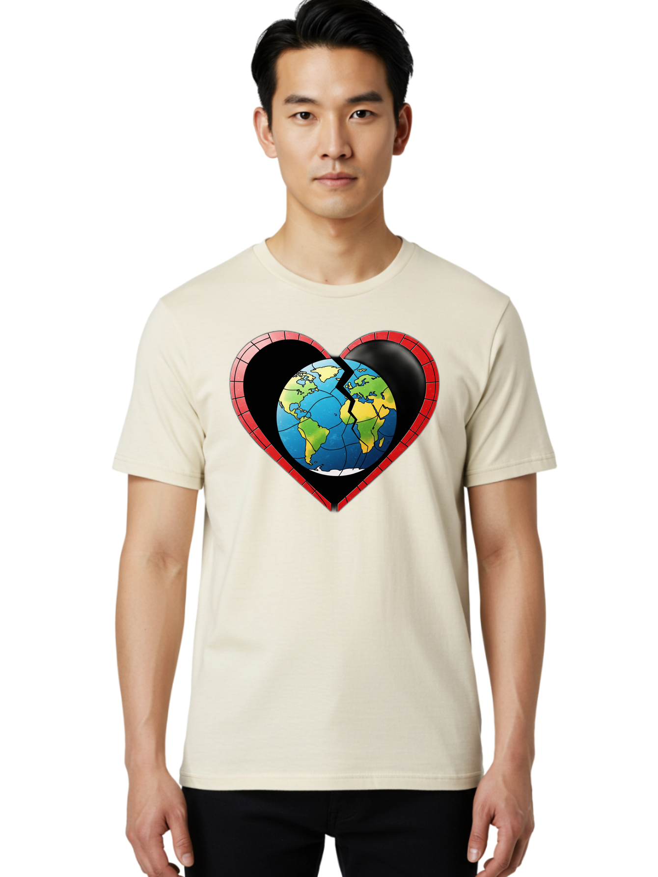 Broken-Heart-Earth Men'S Graphic Tee, 100% Cotton, Comfortable Casual Summer Wear, Machine Washable, Heart-Shaped Earth, Broken Earth, Fractured Globe, Cracked Heart, World Map, Earth Love, Environmental Concern, Global Unity Baa237