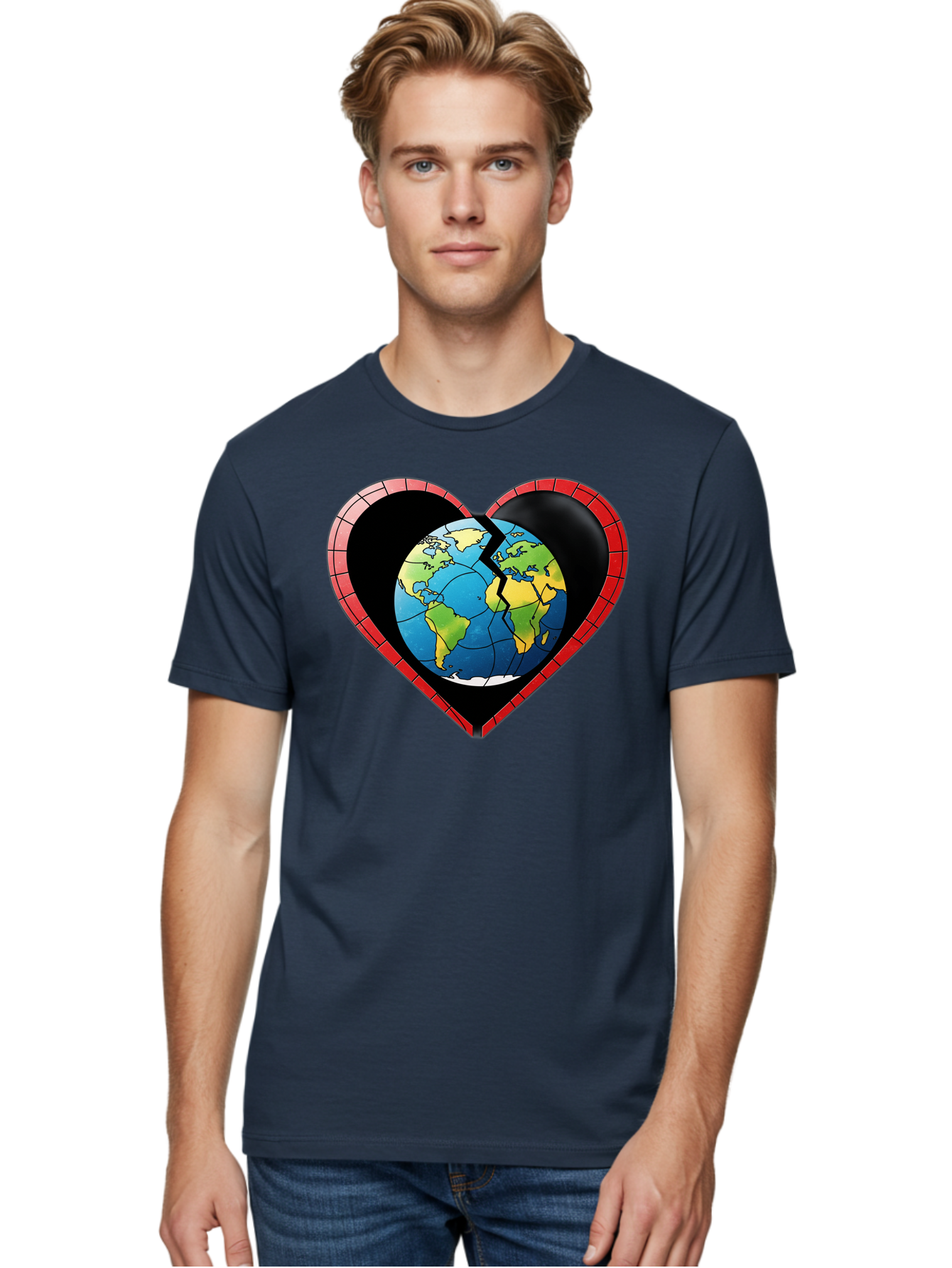 Broken-Heart-Earth Men'S Graphic Tee, 100% Cotton, Comfortable Casual Summer Wear, Machine Washable, Heart-Shaped Earth, Broken Earth, Fractured Globe, Cracked Heart, World Map, Earth Love, Environmental Concern, Global Unity Baa237