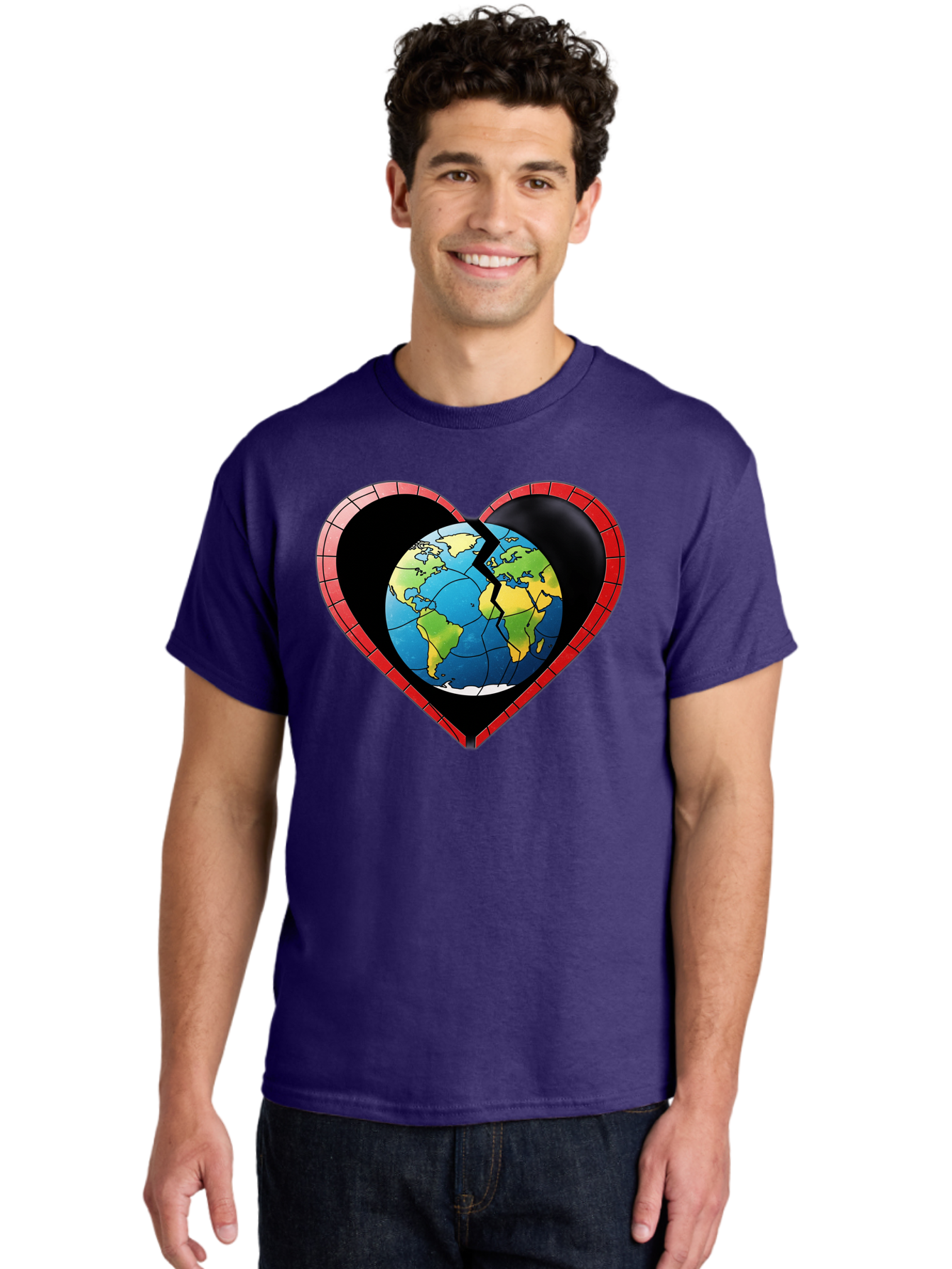Broken-Heart-Earth Men'S Graphic Tee, 100% Cotton, Comfortable Casual Summer Wear, Machine Washable, Heart-Shaped Earth, Broken Earth, Fractured Globe, Cracked Heart, World Map, Earth Love, Environmental Concern, Global Unity Baa237