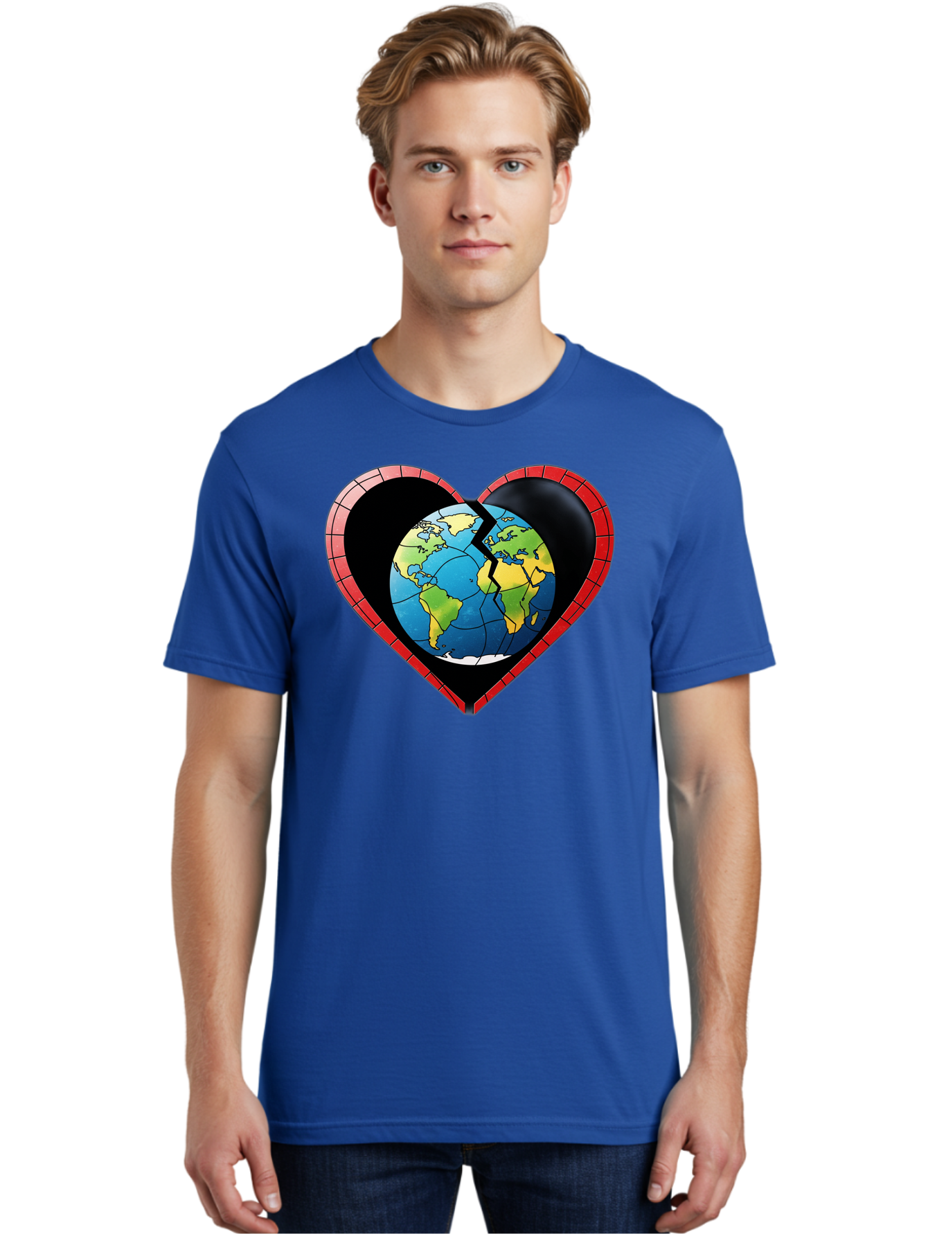 Broken-Heart-Earth Men'S Graphic Tee, 100% Cotton, Comfortable Casual Summer Wear, Machine Washable, Heart-Shaped Earth, Broken Earth, Fractured Globe, Cracked Heart, World Map, Earth Love, Environmental Concern, Global Unity Baa237