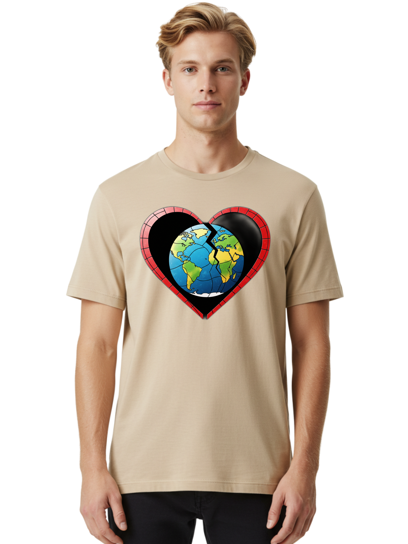 Broken-Heart-Earth Men'S Graphic Tee, 100% Cotton, Comfortable Casual Summer Wear, Machine Washable, Heart-Shaped Earth, Broken Earth, Fractured Globe, Cracked Heart, World Map, Earth Love, Environmental Concern, Global Unity Baa237
