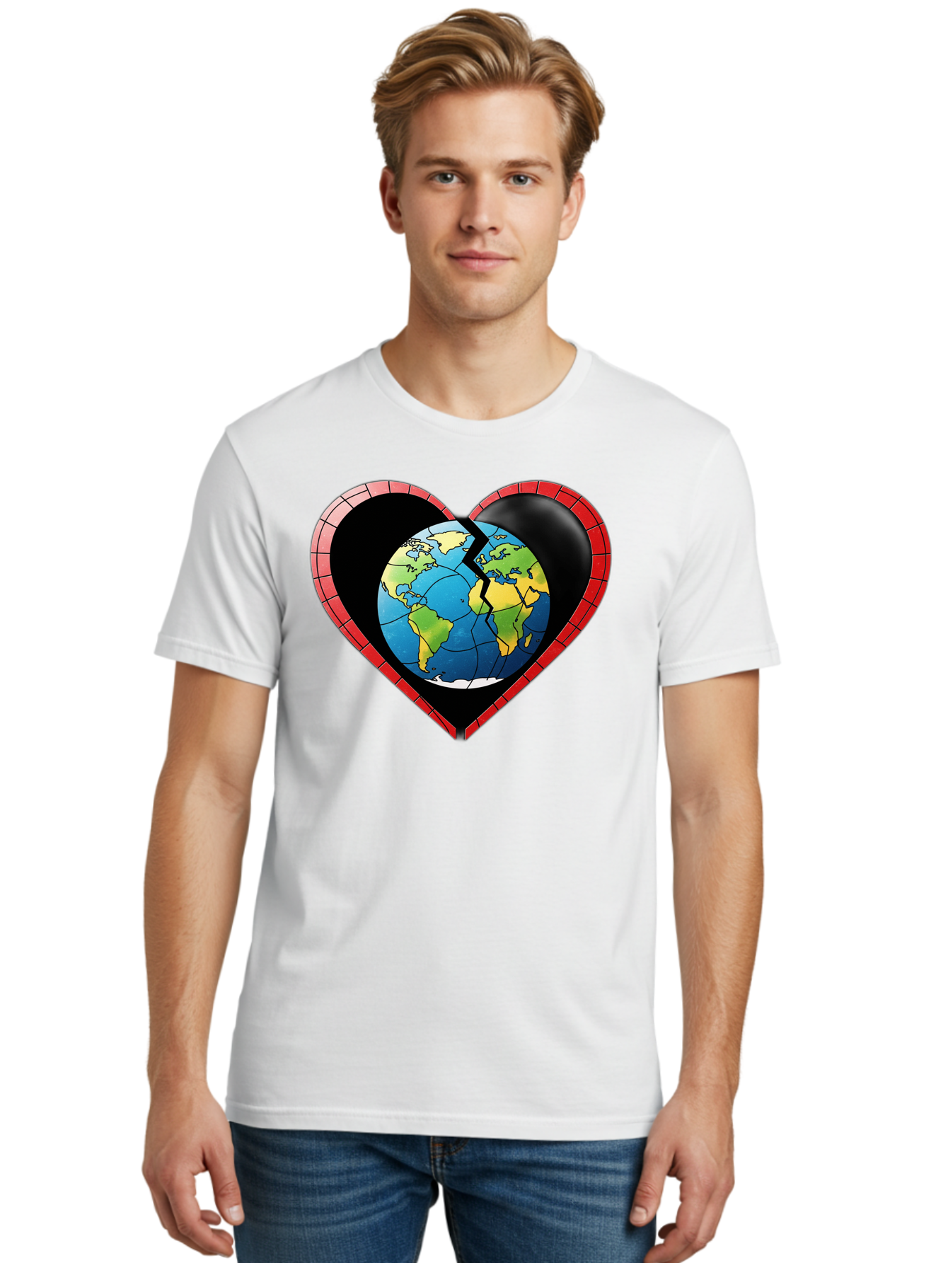 Broken-Heart-Earth Men'S Graphic Tee, 100% Cotton, Comfortable Casual Summer Wear, Machine Washable, Heart-Shaped Earth, Broken Earth, Fractured Globe, Cracked Heart, World Map, Earth Love, Environmental Concern, Global Unity Baa237