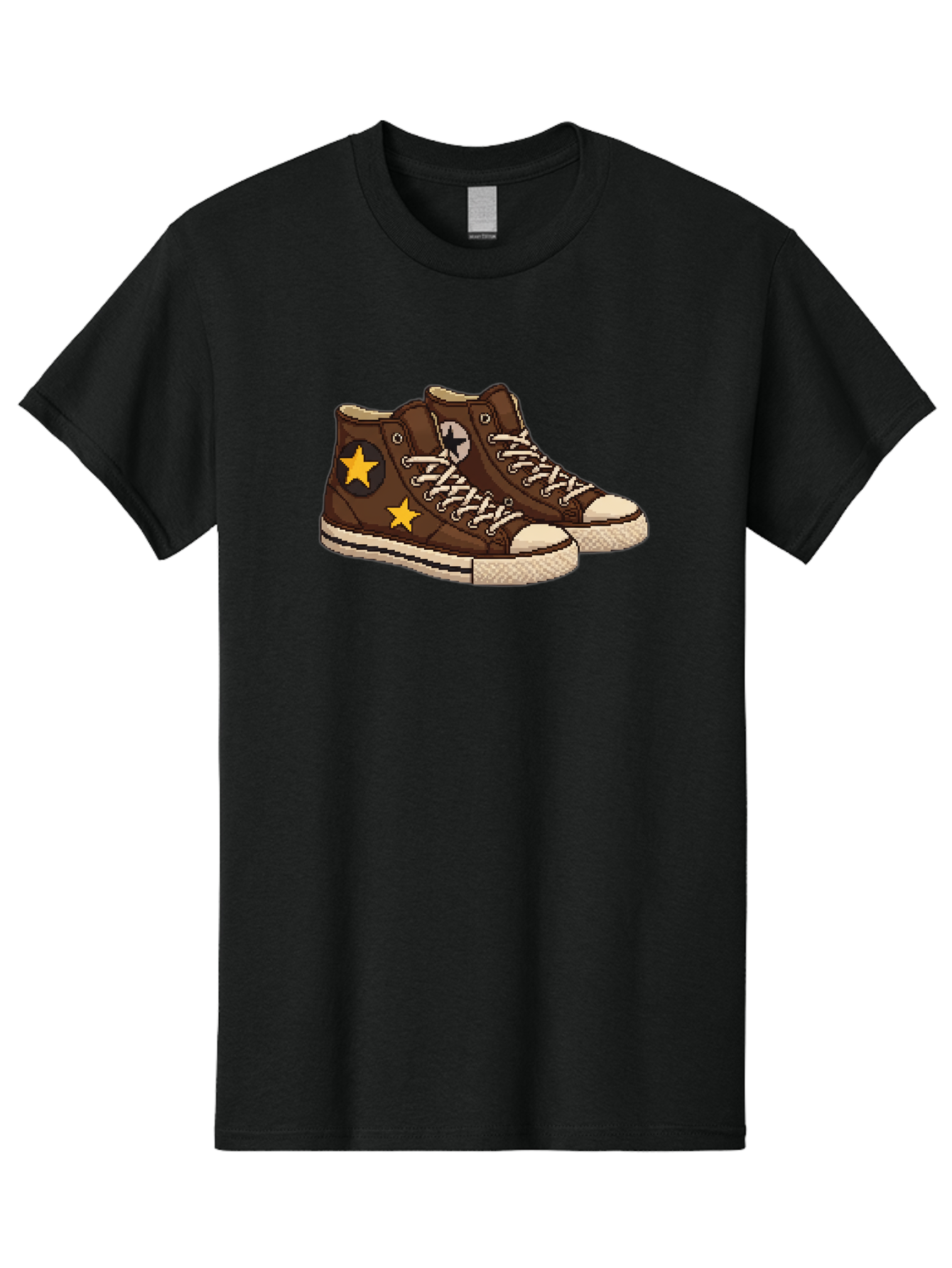 Brown-Converse Men'S Graphic Tee, 100% Cotton, Comfortable Casual Summer Wear, Machine Washable, Brown Converse Shoes, High-Top Sneakers, Yellow Stars, White Laces, Casual Footwear, Streetwear Fashion, Skateboarding Shoes, Comfortable Kicks Baa239