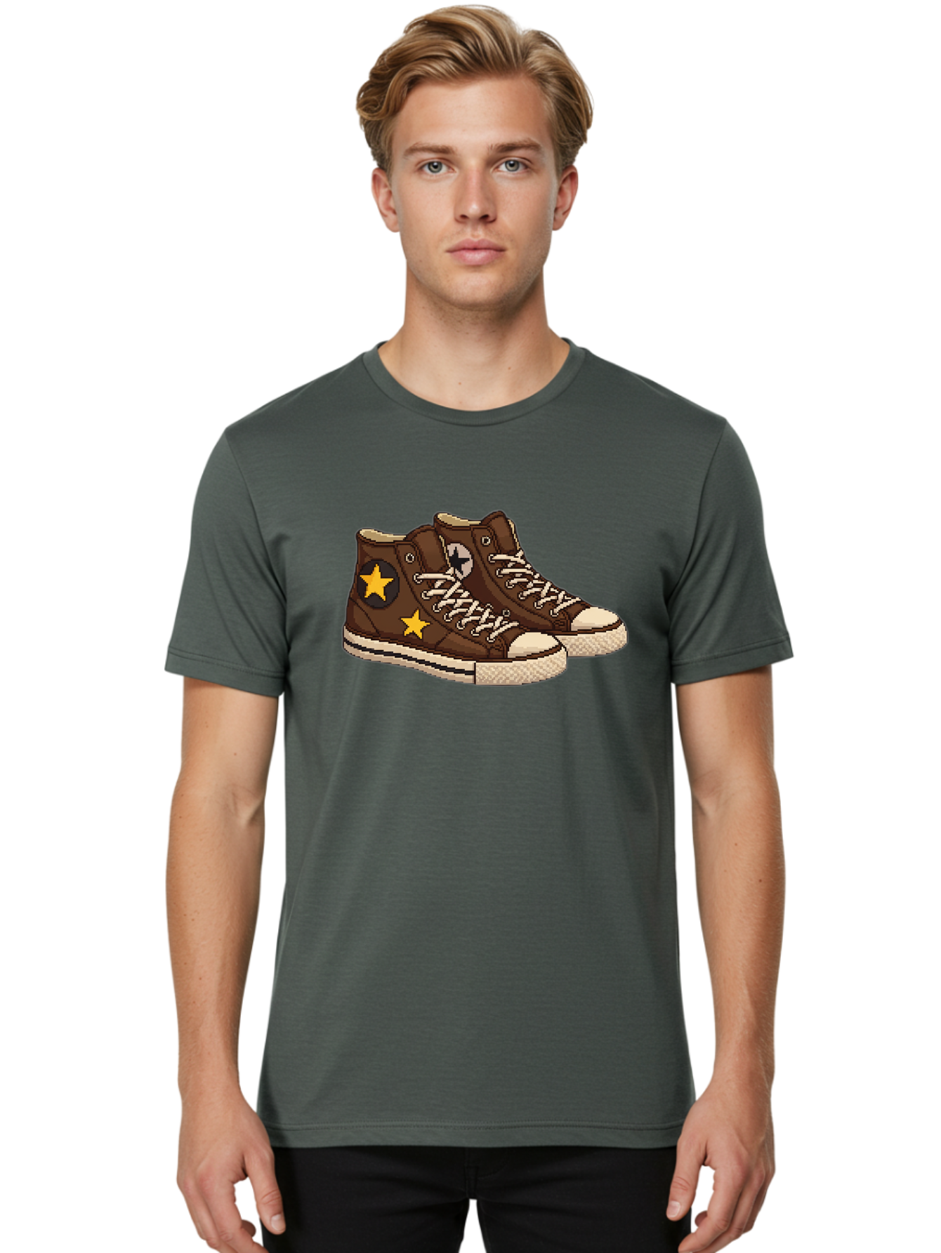 Brown-Converse Men'S Graphic Tee, 100% Cotton, Comfortable Casual Summer Wear, Machine Washable, Brown Converse Shoes, High-Top Sneakers, Yellow Stars, White Laces, Casual Footwear, Streetwear Fashion, Skateboarding Shoes, Comfortable Kicks Baa239