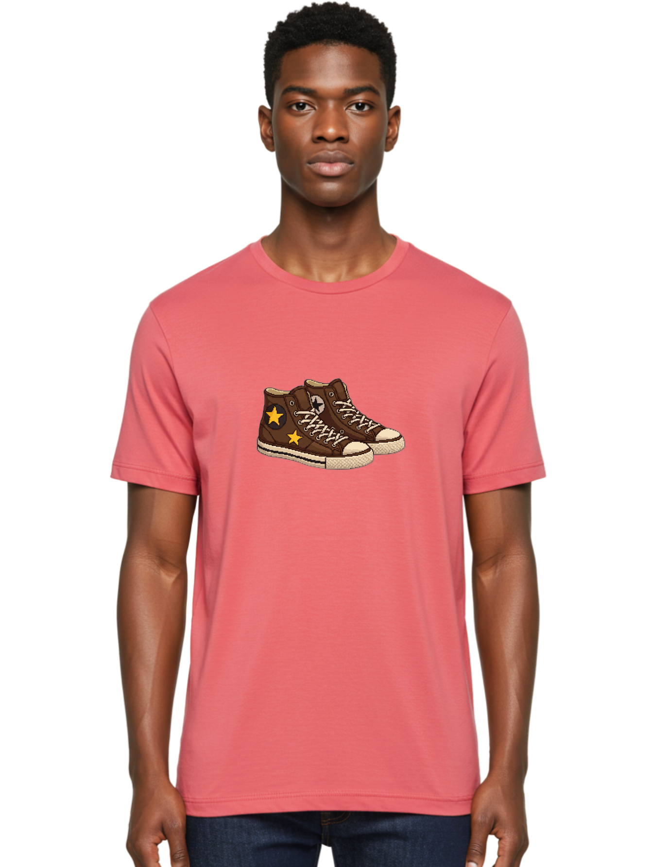 Brown-Converse Men'S Graphic Tee, 100% Cotton, Comfortable Casual Summer Wear, Machine Washable, Brown Converse Shoes, High-Top Sneakers, Yellow Stars, White Laces, Casual Footwear, Streetwear Fashion, Skateboarding Shoes, Comfortable Kicks Baa239