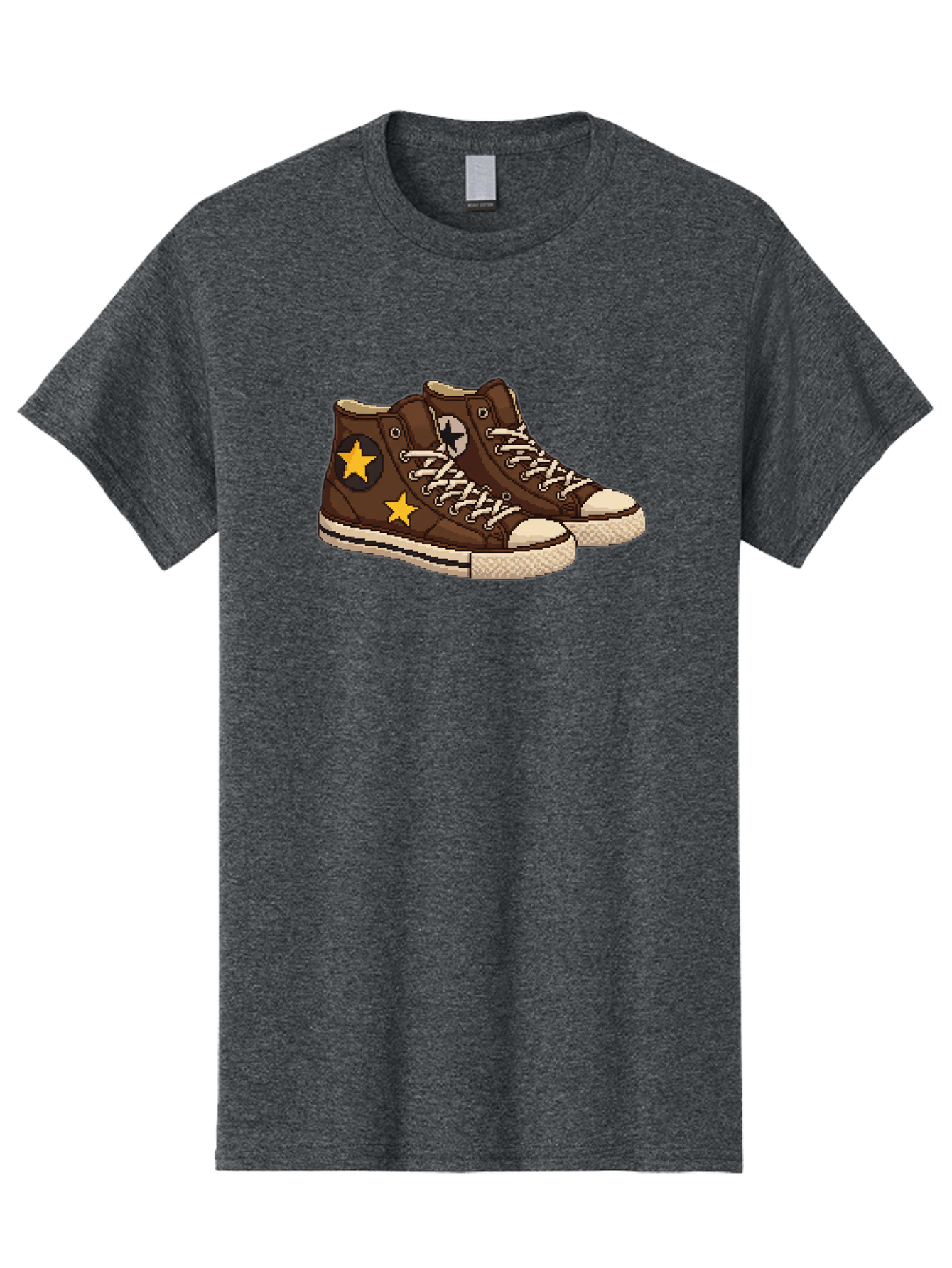 Brown-Converse Men'S Graphic Tee, 100% Cotton, Comfortable Casual Summer Wear, Machine Washable, Brown Converse Shoes, High-Top Sneakers, Yellow Stars, White Laces, Casual Footwear, Streetwear Fashion, Skateboarding Shoes, Comfortable Kicks Baa239
