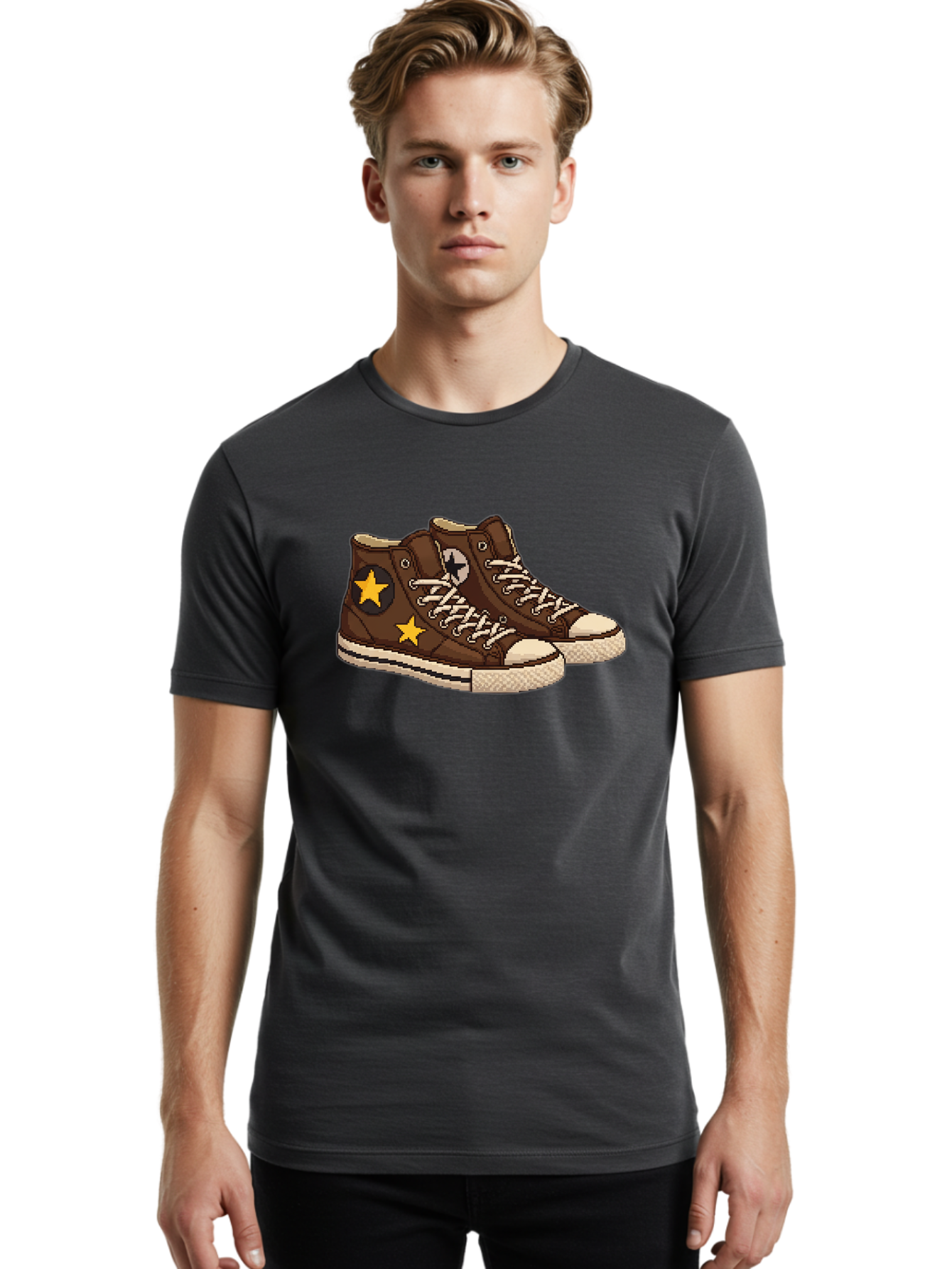 Brown-Converse Men'S Graphic Tee, 100% Cotton, Comfortable Casual Summer Wear, Machine Washable, Brown Converse Shoes, High-Top Sneakers, Yellow Stars, White Laces, Casual Footwear, Streetwear Fashion, Skateboarding Shoes, Comfortable Kicks Baa239