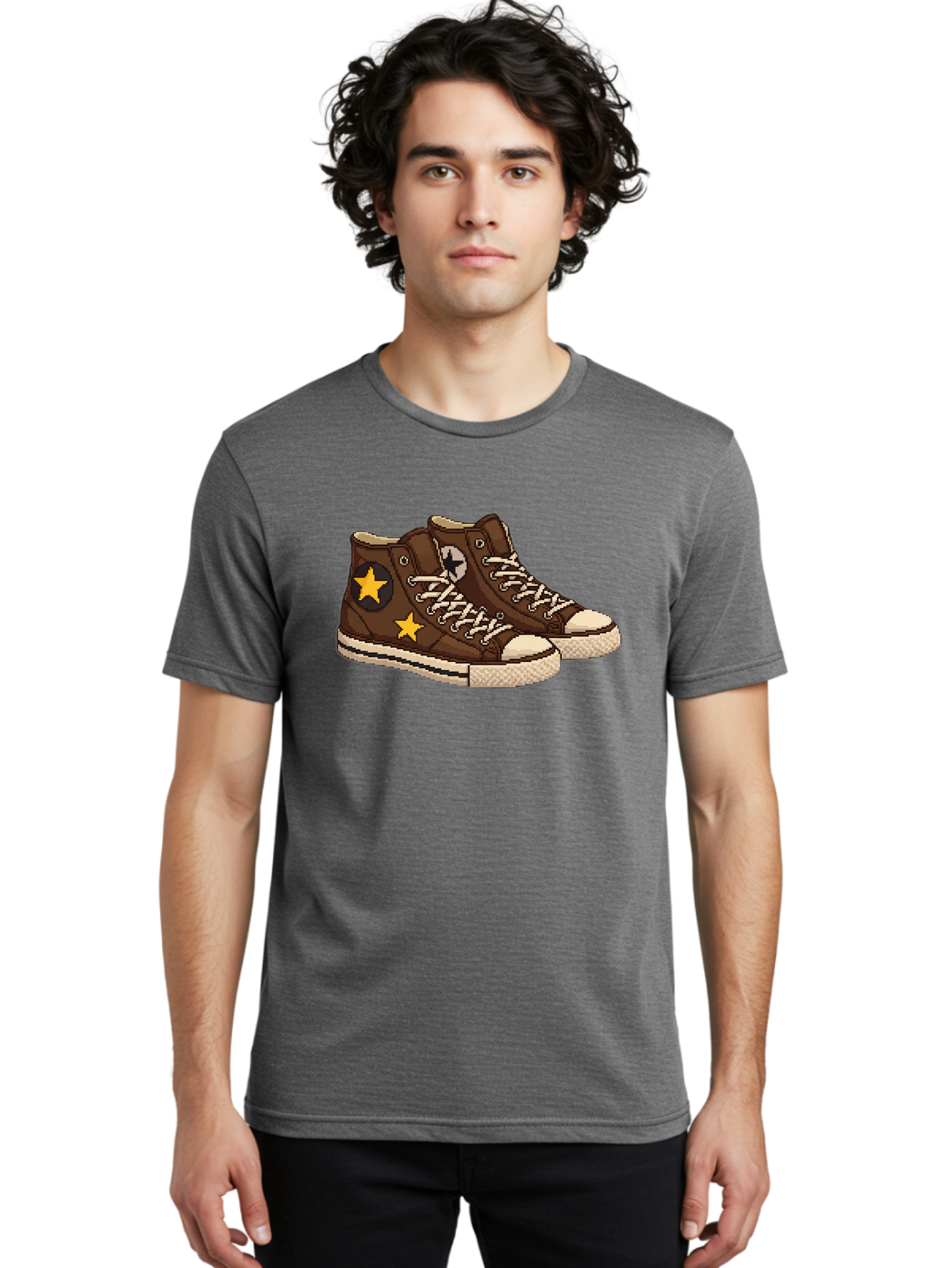 Brown-Converse Men'S Graphic Tee, 100% Cotton, Comfortable Casual Summer Wear, Machine Washable, Brown Converse Shoes, High-Top Sneakers, Yellow Stars, White Laces, Casual Footwear, Streetwear Fashion, Skateboarding Shoes, Comfortable Kicks Baa239