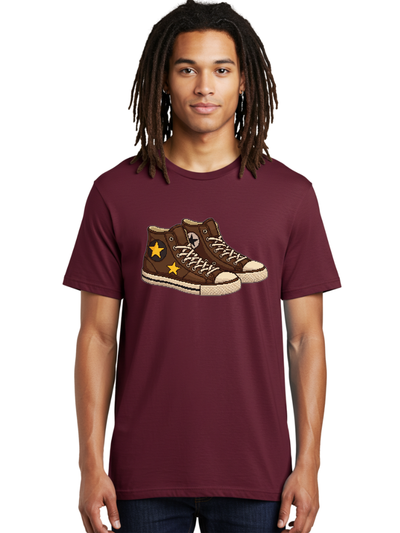 Brown-Converse Men'S Graphic Tee, 100% Cotton, Comfortable Casual Summer Wear, Machine Washable, Brown Converse Shoes, High-Top Sneakers, Yellow Stars, White Laces, Casual Footwear, Streetwear Fashion, Skateboarding Shoes, Comfortable Kicks Baa239