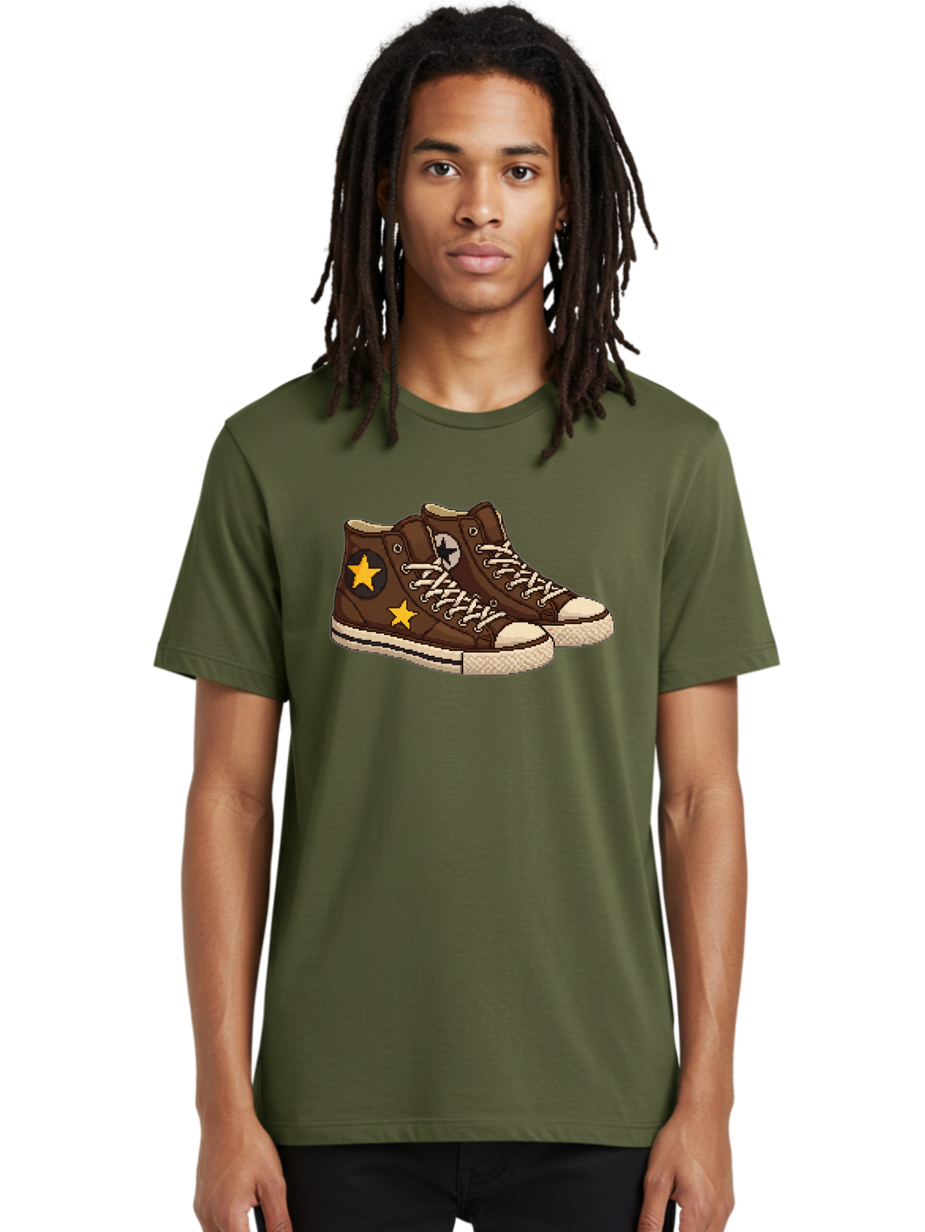 Brown-Converse Men'S Graphic Tee, 100% Cotton, Comfortable Casual Summer Wear, Machine Washable, Brown Converse Shoes, High-Top Sneakers, Yellow Stars, White Laces, Casual Footwear, Streetwear Fashion, Skateboarding Shoes, Comfortable Kicks Baa239
