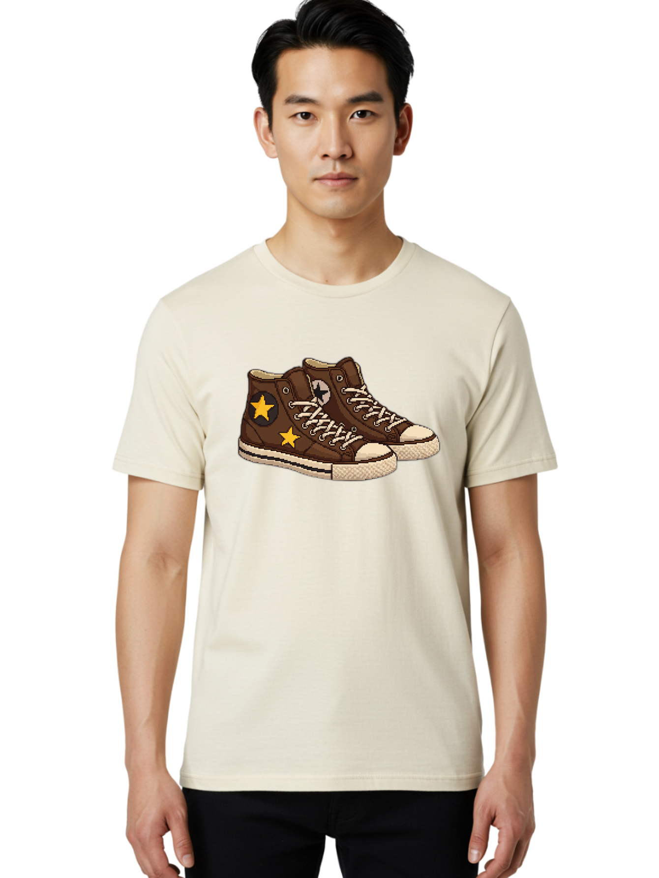 Brown-Converse Men'S Graphic Tee, 100% Cotton, Comfortable Casual Summer Wear, Machine Washable, Brown Converse Shoes, High-Top Sneakers, Yellow Stars, White Laces, Casual Footwear, Streetwear Fashion, Skateboarding Shoes, Comfortable Kicks Baa239