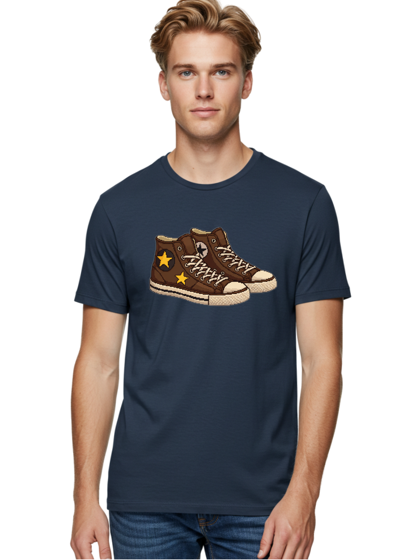 Brown-Converse Men'S Graphic Tee, 100% Cotton, Comfortable Casual Summer Wear, Machine Washable, Brown Converse Shoes, High-Top Sneakers, Yellow Stars, White Laces, Casual Footwear, Streetwear Fashion, Skateboarding Shoes, Comfortable Kicks Baa239