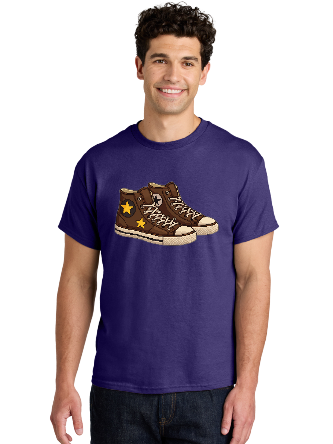 Brown-Converse Men'S Graphic Tee, 100% Cotton, Comfortable Casual Summer Wear, Machine Washable, Brown Converse Shoes, High-Top Sneakers, Yellow Stars, White Laces, Casual Footwear, Streetwear Fashion, Skateboarding Shoes, Comfortable Kicks Baa239