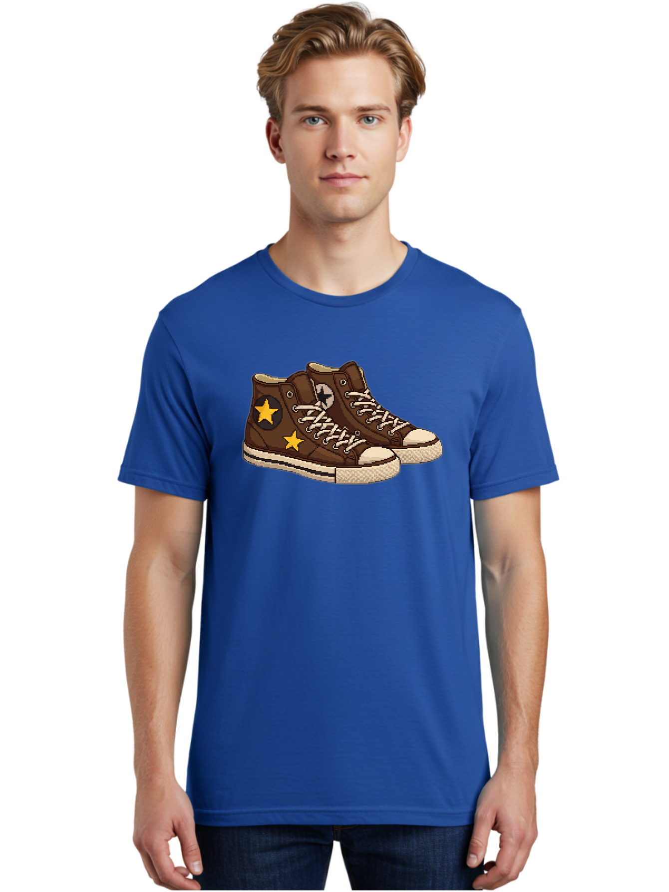 Brown-Converse Men'S Graphic Tee, 100% Cotton, Comfortable Casual Summer Wear, Machine Washable, Brown Converse Shoes, High-Top Sneakers, Yellow Stars, White Laces, Casual Footwear, Streetwear Fashion, Skateboarding Shoes, Comfortable Kicks Baa239