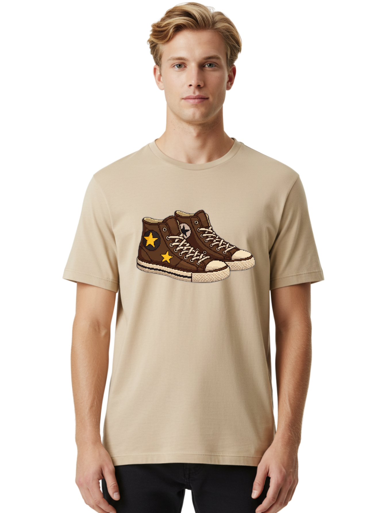 Brown-Converse Men'S Graphic Tee, 100% Cotton, Comfortable Casual Summer Wear, Machine Washable, Brown Converse Shoes, High-Top Sneakers, Yellow Stars, White Laces, Casual Footwear, Streetwear Fashion, Skateboarding Shoes, Comfortable Kicks Baa239