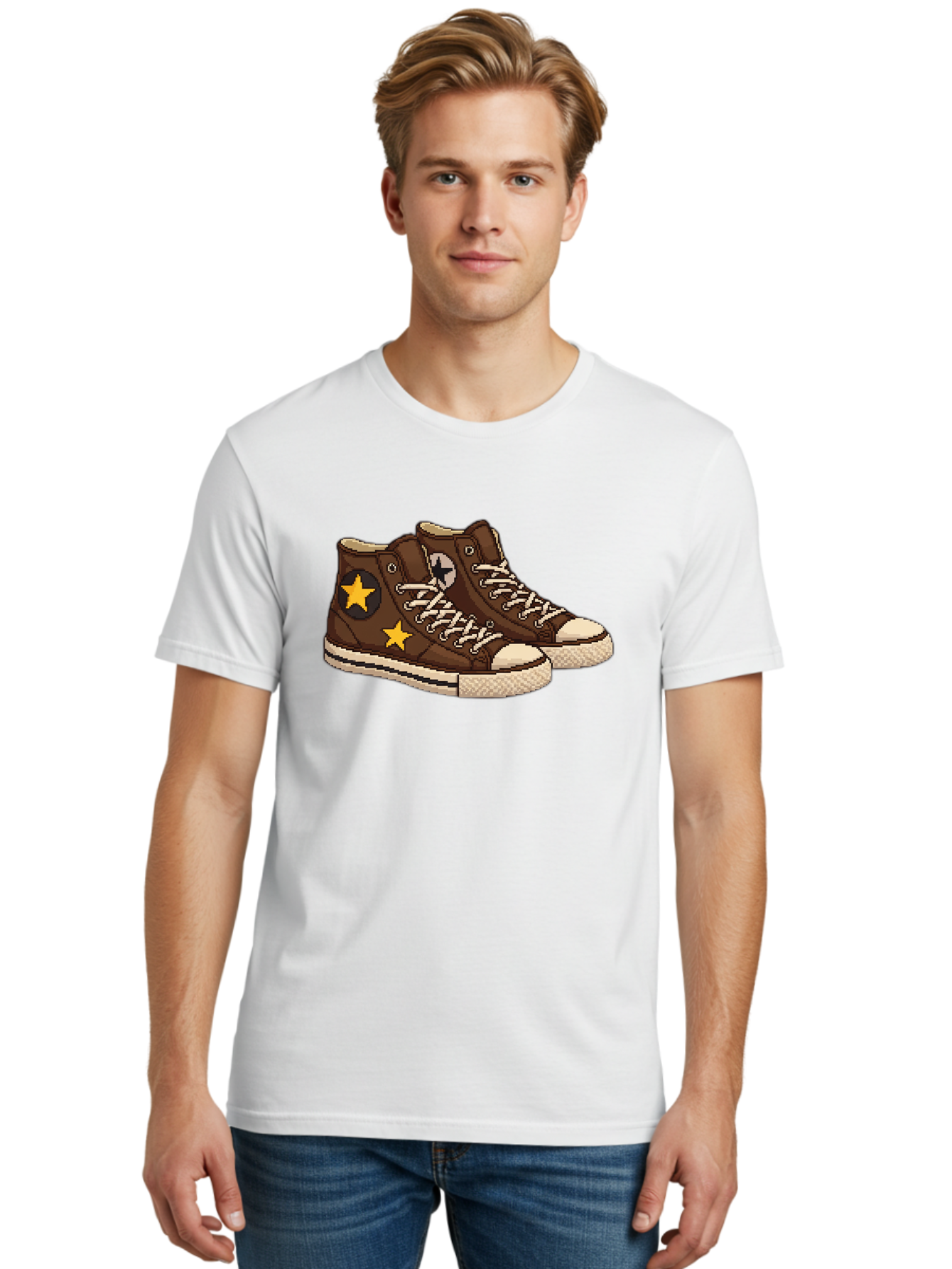 Brown-Converse Men'S Graphic Tee, 100% Cotton, Comfortable Casual Summer Wear, Machine Washable, Brown Converse Shoes, High-Top Sneakers, Yellow Stars, White Laces, Casual Footwear, Streetwear Fashion, Skateboarding Shoes, Comfortable Kicks Baa239