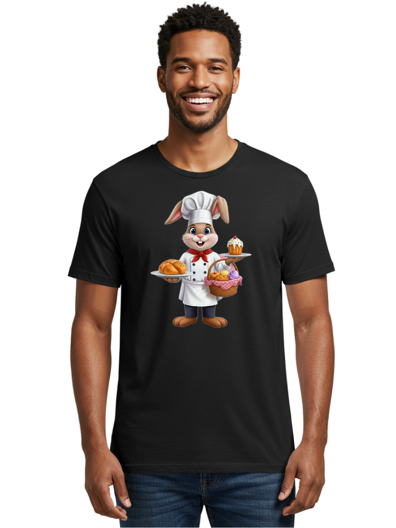 Bunny-Chef Men'S Graphic Tee, 100% Cotton, Comfortable Casual Summer Wear, Machine Washable, Cartoon Bunny Chef, Baked Goods, Cupcake, Bread, Basket Of Pastries, Chef Hat, Red Bow Tie, White Coat, Happy Expression, Easter Theme, Bakery Items Baa241