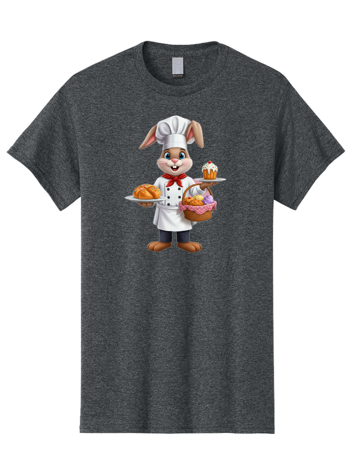 Bunny-Chef Men'S Graphic Tee, 100% Cotton, Comfortable Casual Summer Wear, Machine Washable, Cartoon Bunny Chef, Baked Goods, Cupcake, Bread, Basket Of Pastries, Chef Hat, Red Bow Tie, White Coat, Happy Expression, Easter Theme, Bakery Items Baa241